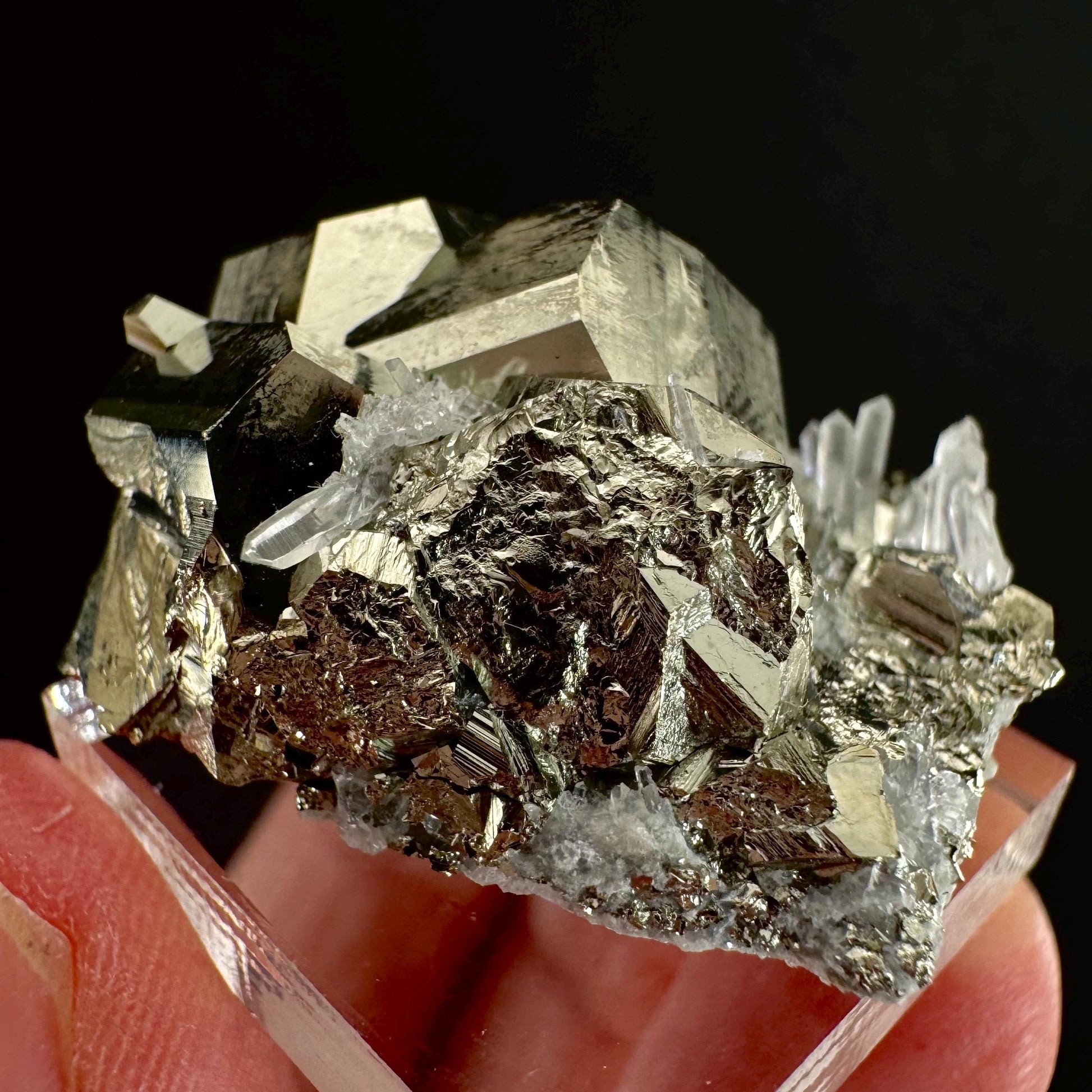 Pyrite on Quartz (Indonesia) | raw pyrite, natural pyrite cluster, quartz crystal, mineral specimen