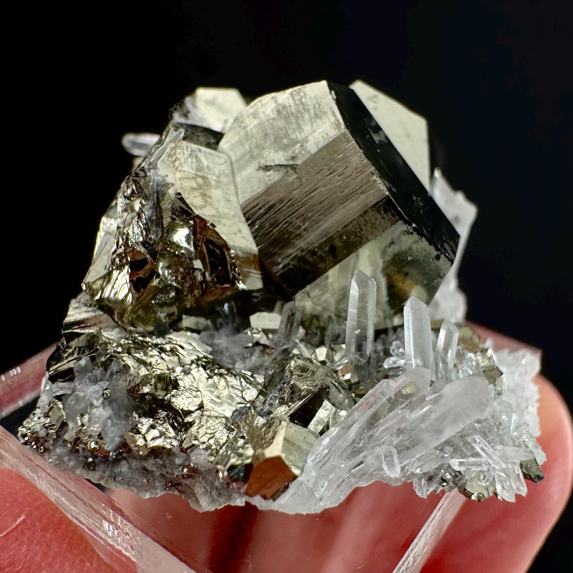 Pyrite on Quartz (Indonesia) | raw pyrite, natural pyrite cluster, quartz crystal, mineral specimen