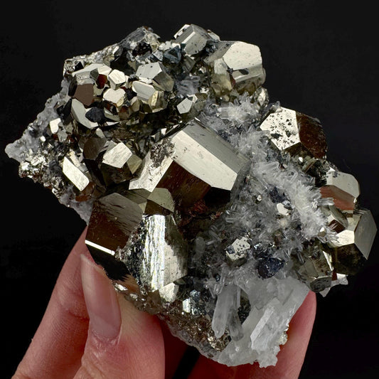 Pyrite on Quartz (Indonesia) | raw pyrite, natural pyrite cluster, quartz crystal, mineral specimen