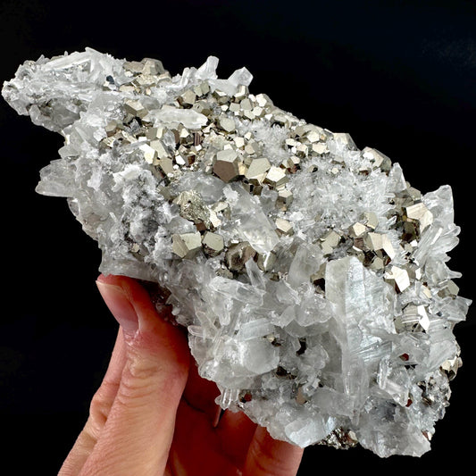 Pyrite on Quartz (Indonesia) | raw pyrite, natural pyrite cluster, quartz crystal, mineral specimen