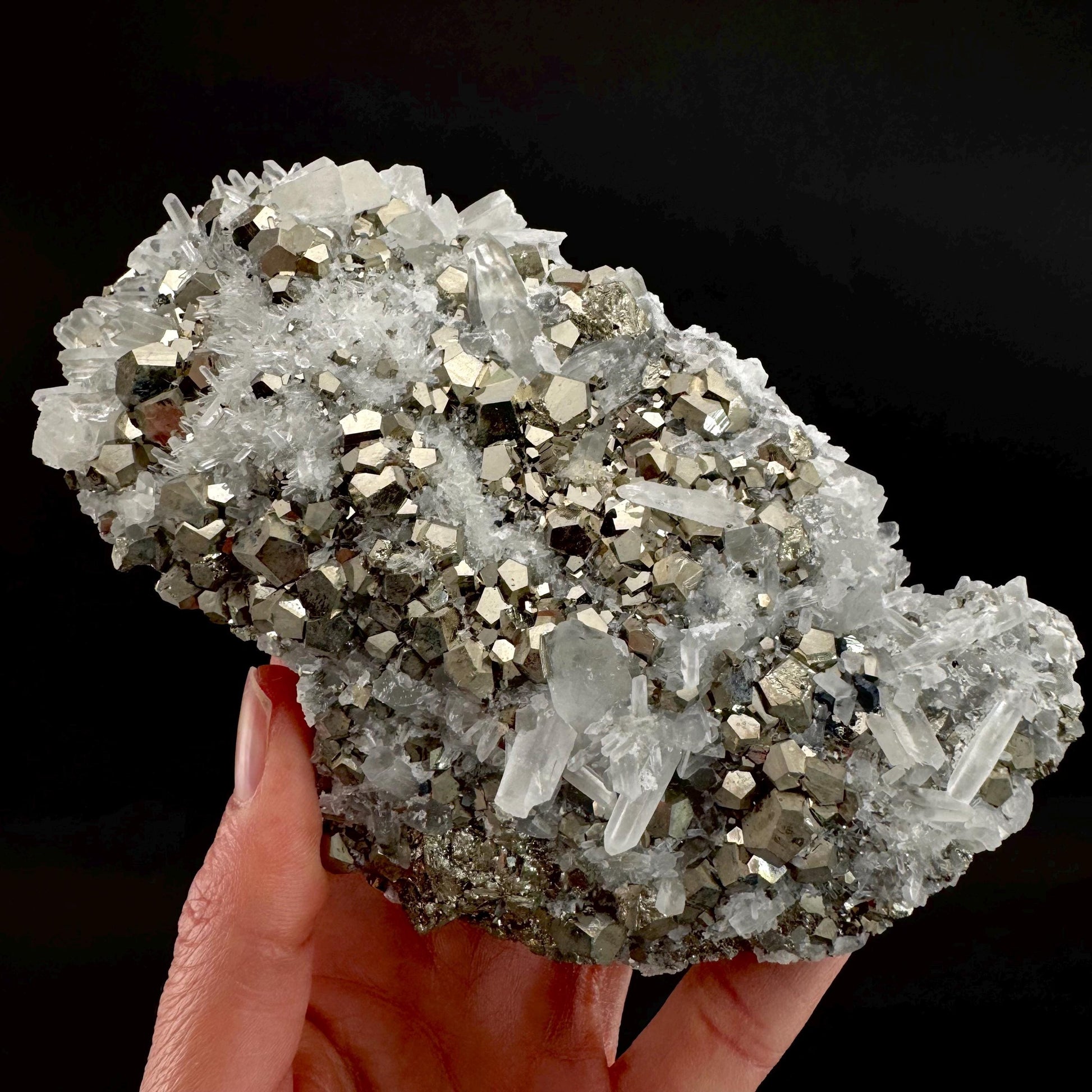 Pyrite on Quartz (Indonesia) | raw pyrite, natural pyrite cluster, quartz crystal, mineral specimen