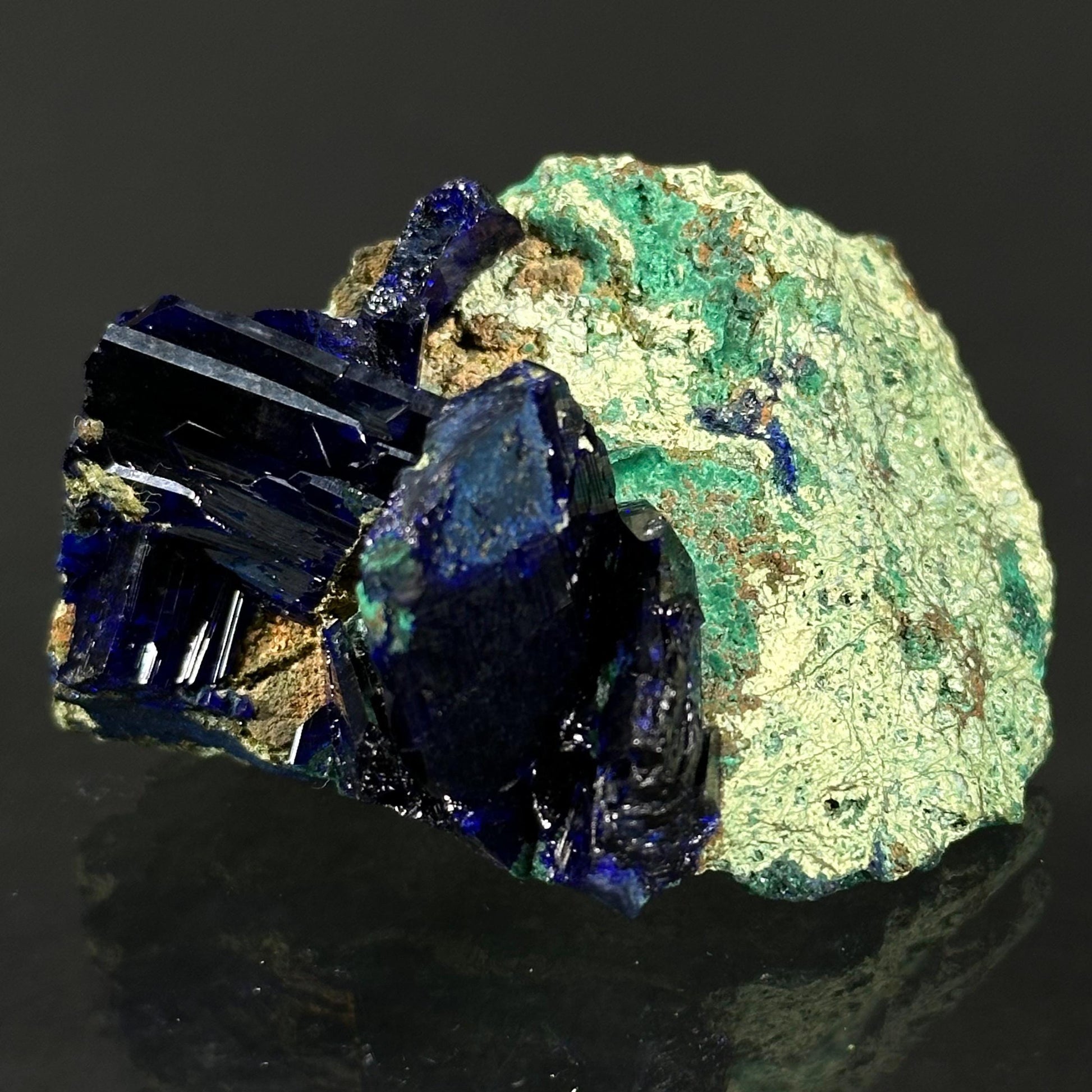 Azurite w/ Malachite (Tsumeb, Namibia), azurite crystal, mineral specimen