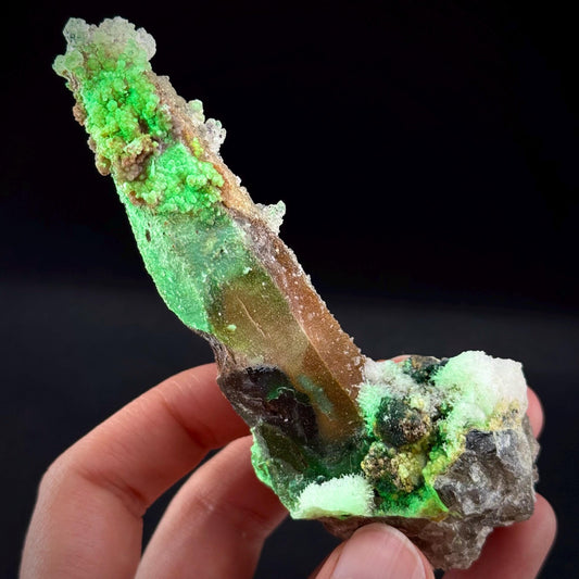 Hyalite Opal on Smoky Quartz (Namibia) | UV reactive Hyalite Opal on smoky quartz crystal