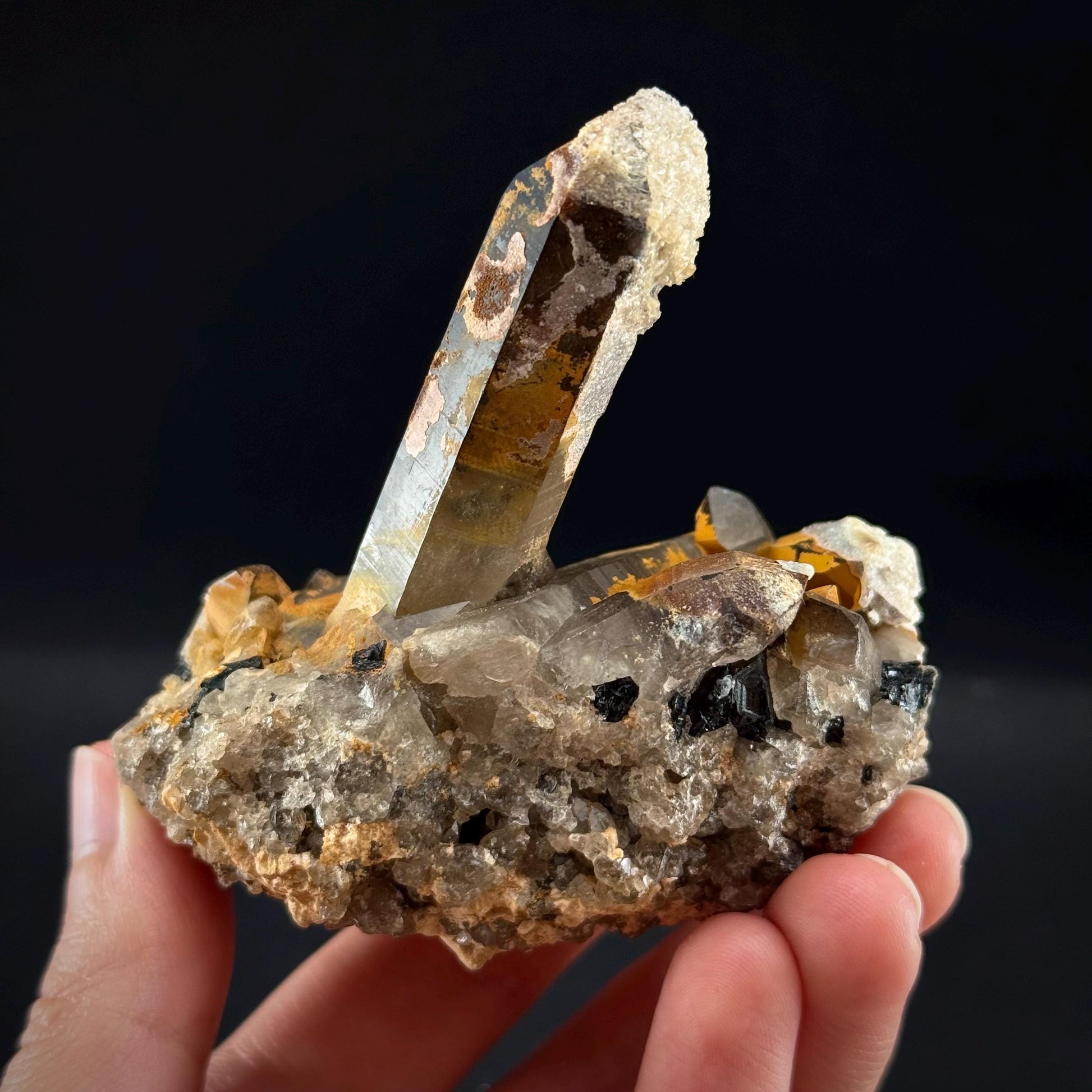 Hyalite Opal on Smoky Quartz (Namibia) | UV reactive Hyalite Opal on smoky quartz crystal