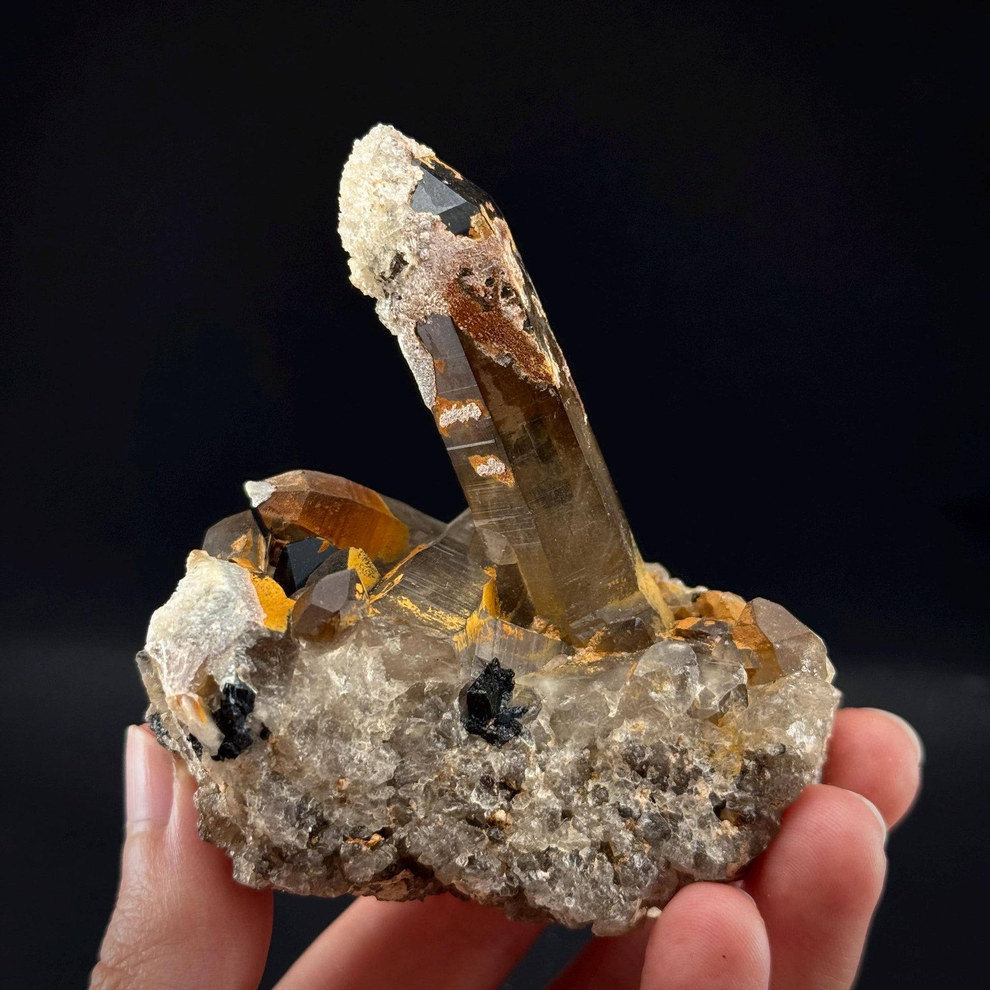 Hyalite Opal on Smoky Quartz (Namibia) | UV reactive Hyalite Opal on smoky quartz crystal