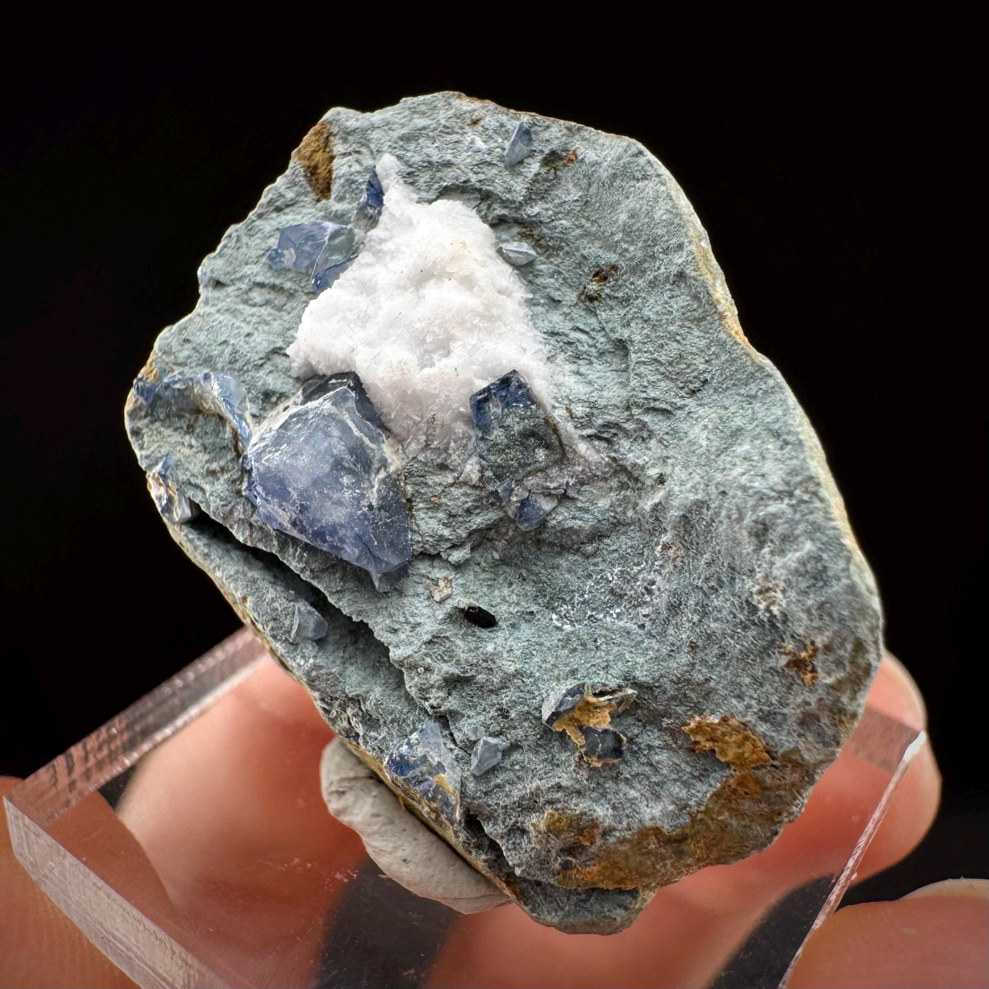 Benitoite w/ Natrolite (California, USA) | UV reactive benitoite crystal, rare mineral specimen