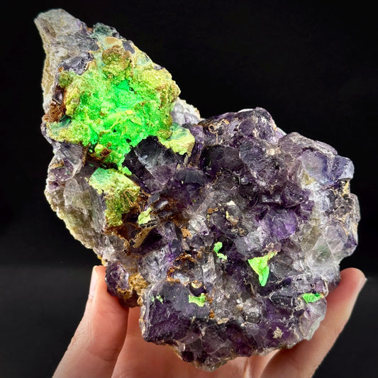 Fluorite w/ Hyalite Opal (Namibia) | UV reactive Hyalite Opal on fluorite crystal, mineral specimen