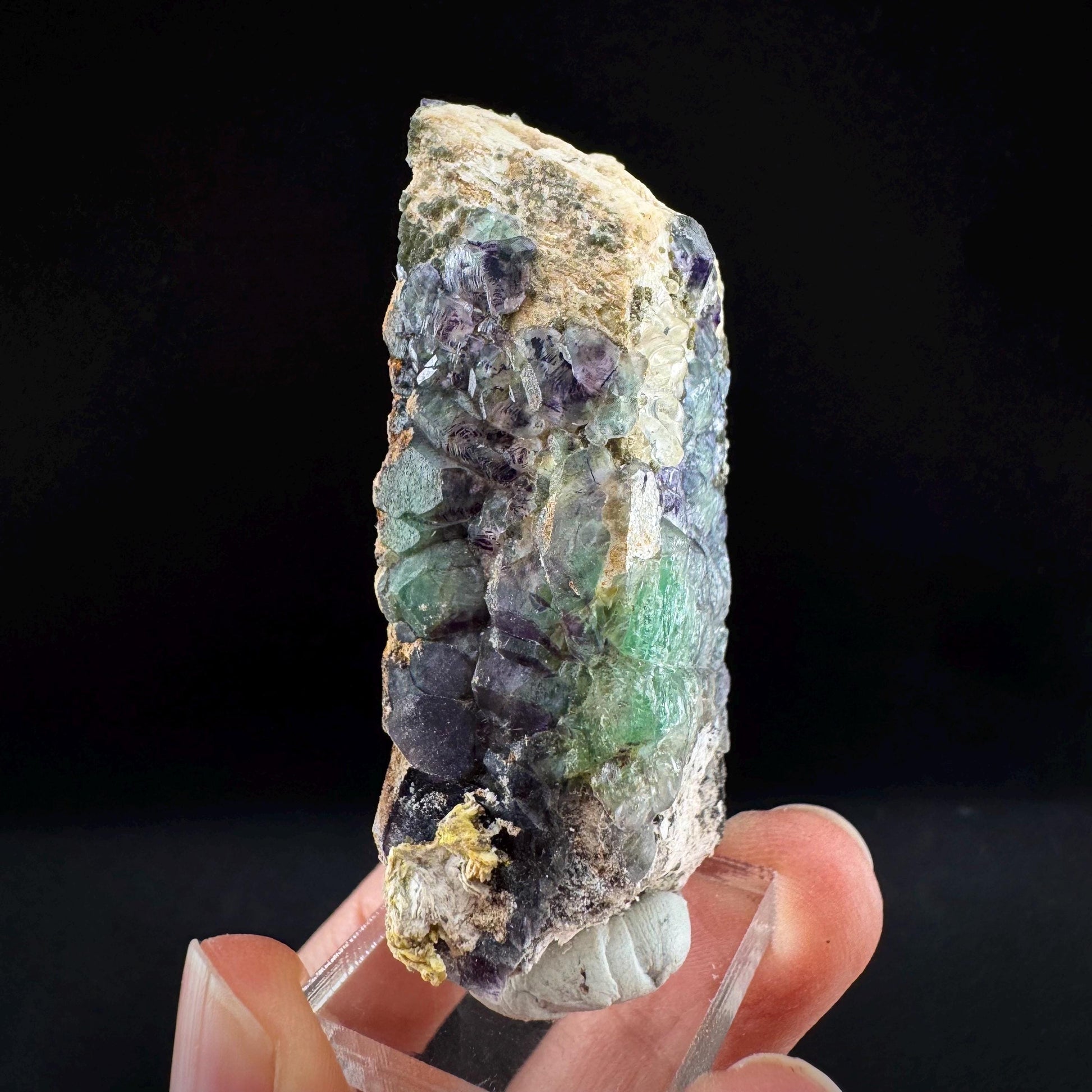 Fluorite w/ Hyalite Opal on Feldspar (Namibia) | UV reactive Hyalite Opal on fluorite crystal, mineral specimen