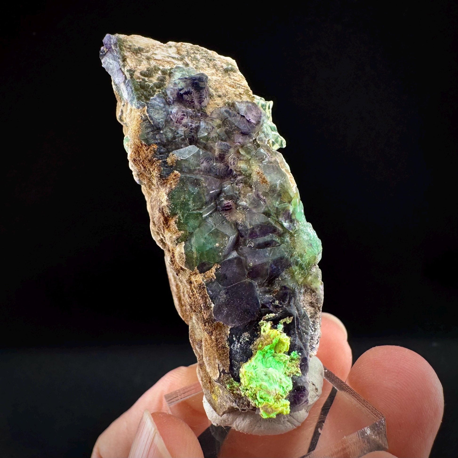 Fluorite w/ Hyalite Opal on Feldspar (Namibia) | UV reactive Hyalite Opal on fluorite crystal, mineral specimen