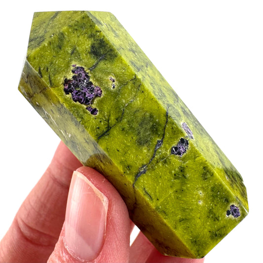 Atlantisite Point (Tasmania) | polished atlantisite crystal tower, stichtite in serpentine, crystal point, rare minerals