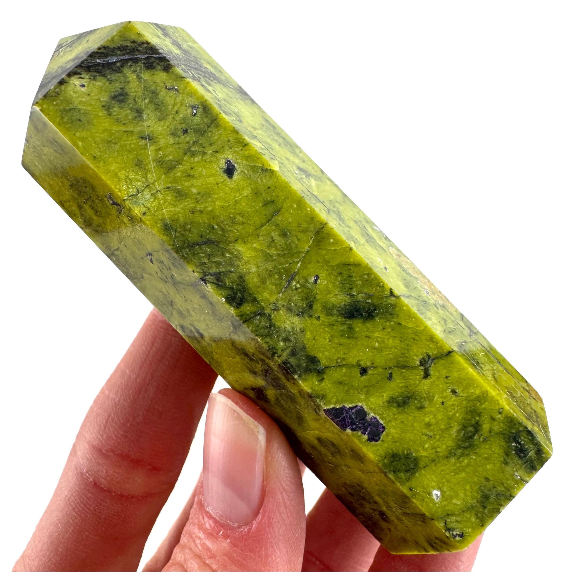 Atlantisite Point (Tasmania) | polished atlantisite crystal tower, stichtite in serpentine, crystal point, rare minerals