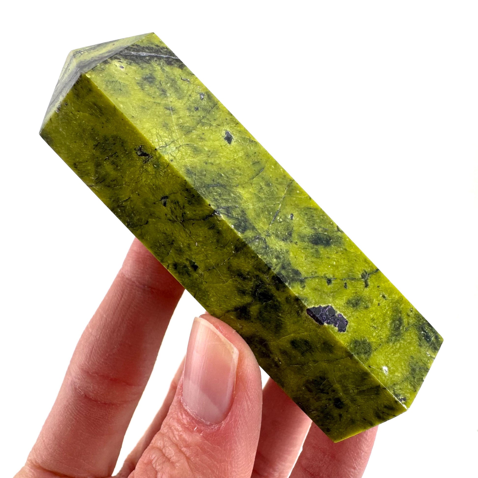 Atlantisite Point (Tasmania) | polished atlantisite crystal tower, stichtite in serpentine, crystal point, rare minerals