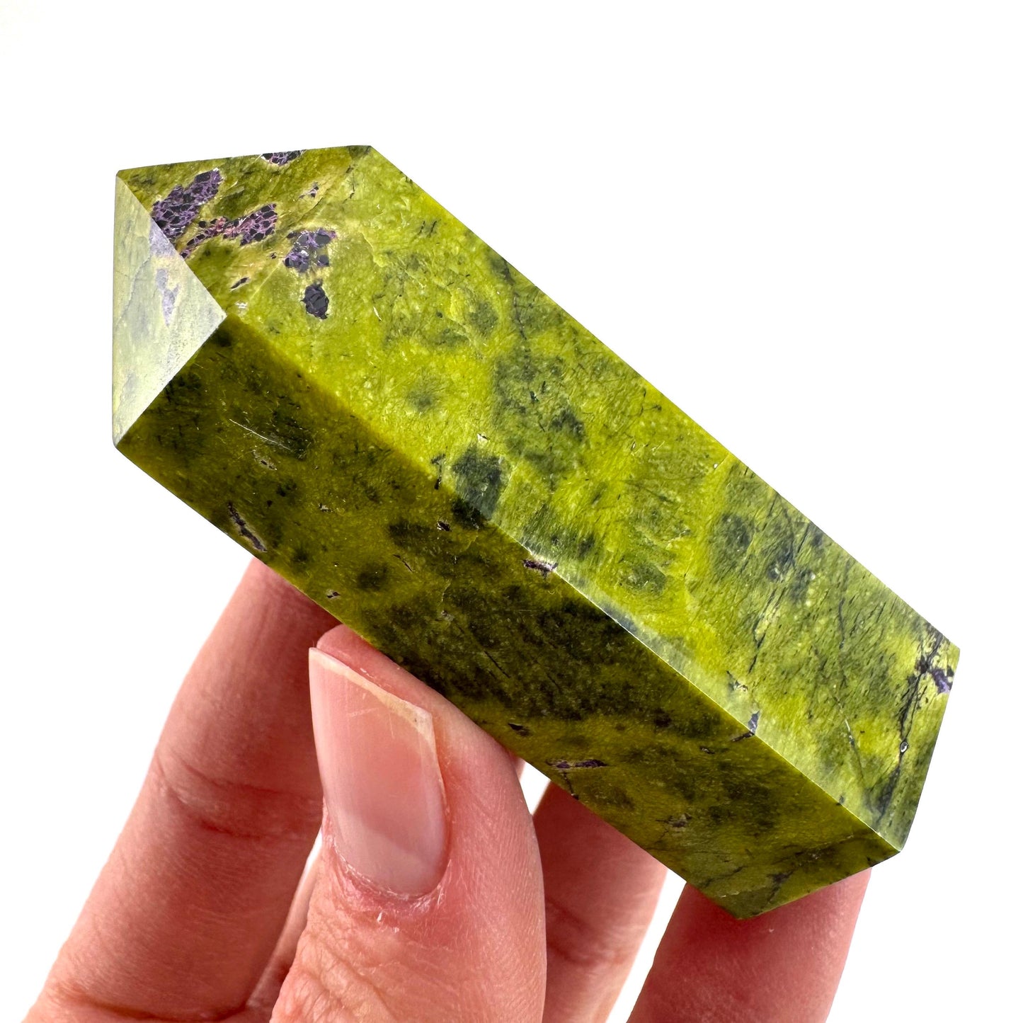 Atlantisite Point (Tasmania) | polished atlantisite crystal tower, stichtite in serpentine, crystal point, rare minerals