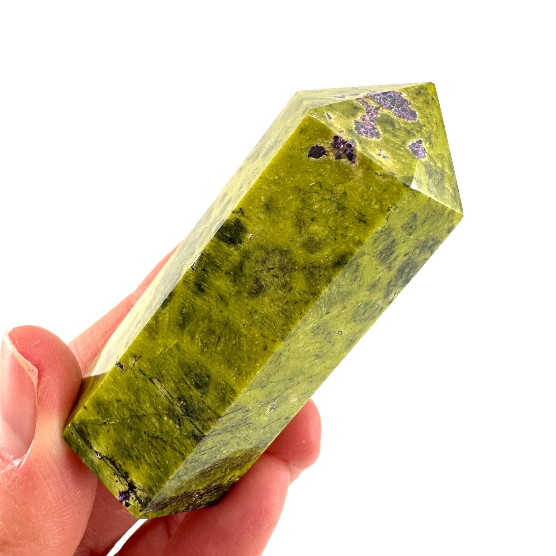 Atlantisite Point (Tasmania) | polished atlantisite crystal tower, stichtite in serpentine, crystal point, rare minerals