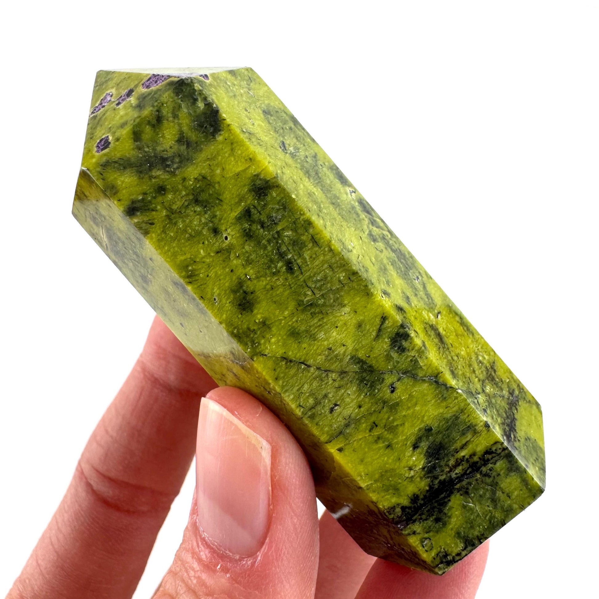 Atlantisite Point (Tasmania) | polished atlantisite crystal tower, stichtite in serpentine, crystal point, rare minerals