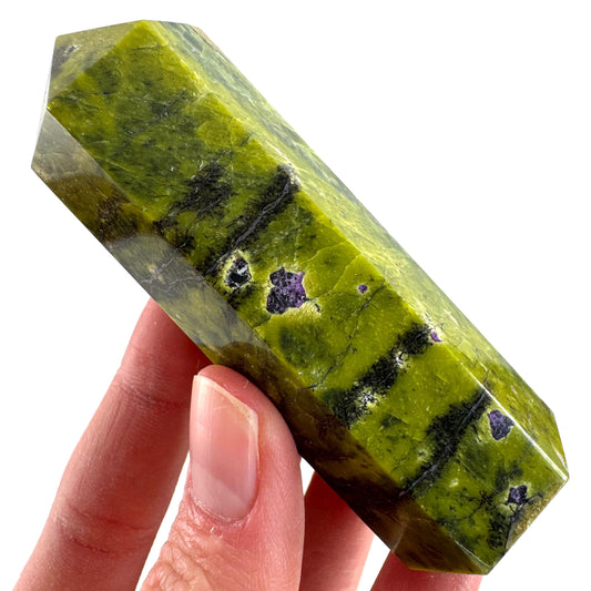 Atlantisite Point (Tasmania) | polished atlantisite crystal tower, stichtite in serpentine, crystal point, rare minerals