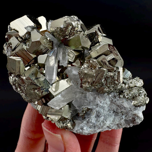 Pyrite on Quartz (Indonesia) | raw pyrite, natural pyrite cluster, quartz crystal, mineral specimen