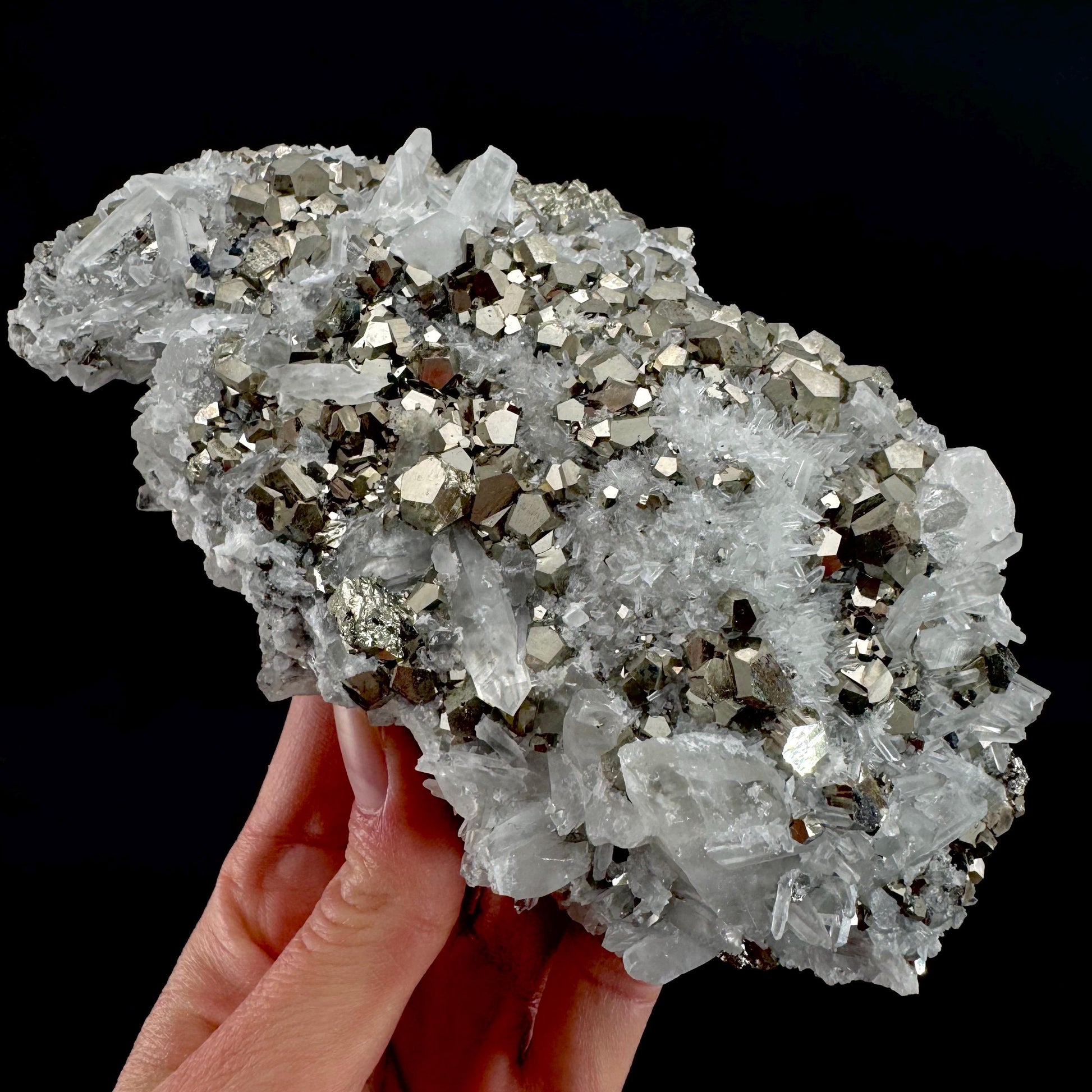 Pyrite on Quartz (Indonesia) | raw pyrite, natural pyrite cluster, quartz crystal, mineral specimen