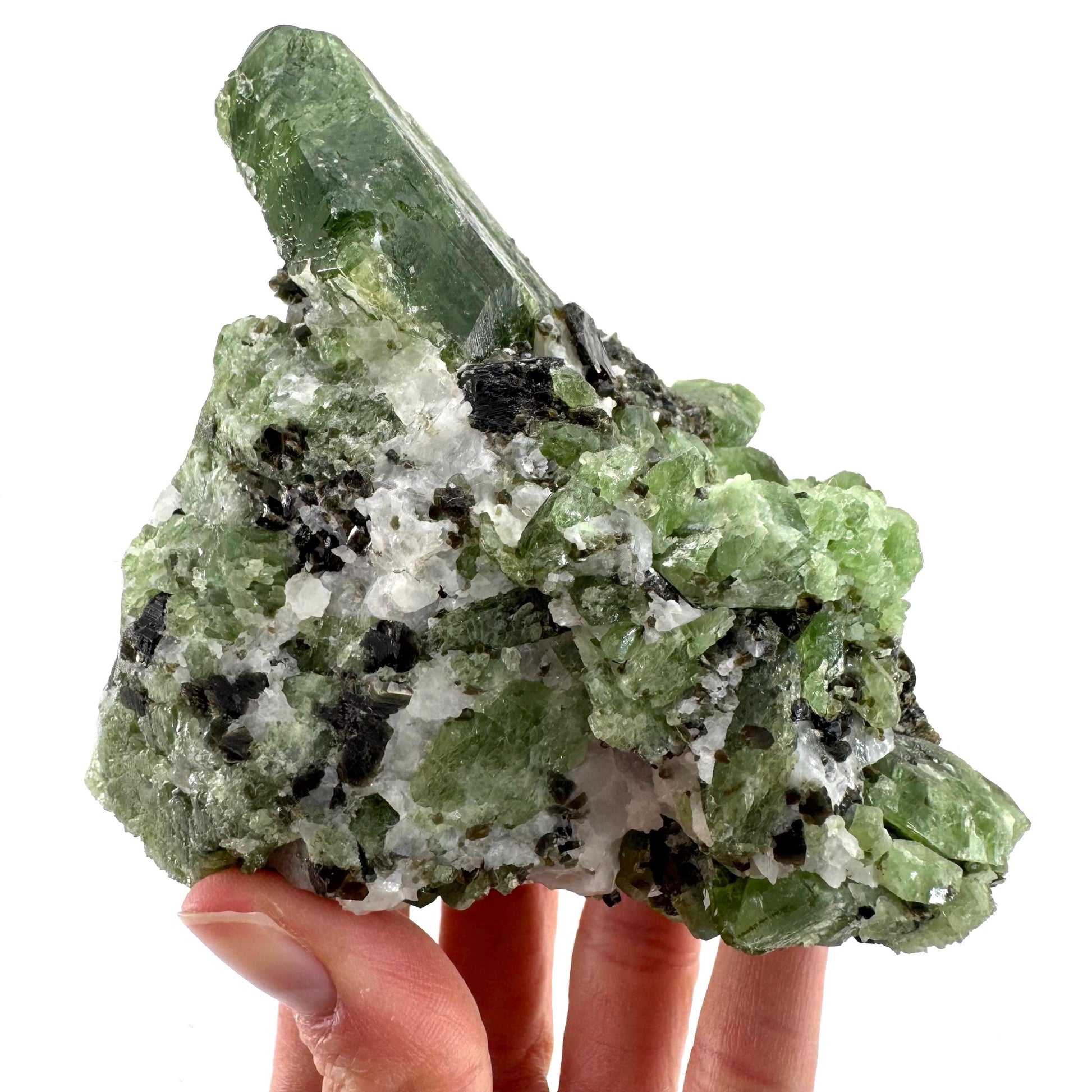 Diopside on Calcite (Afghanistan) | chrome diopside, green diopside crystal, mineral specimen