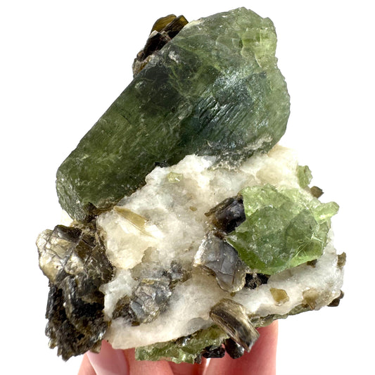 Diopside on Calcite (Afghanistan) | chrome diopside, green diopside crystal, mineral specimen