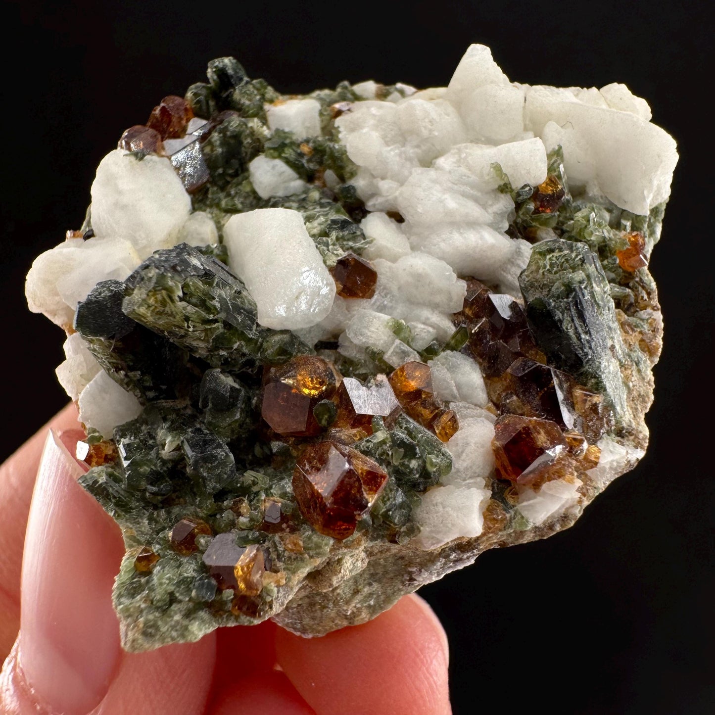 Spessartine Garnet w/ Epidote & Albite (Pakistan) | orange garnet crystal, mineral specimen