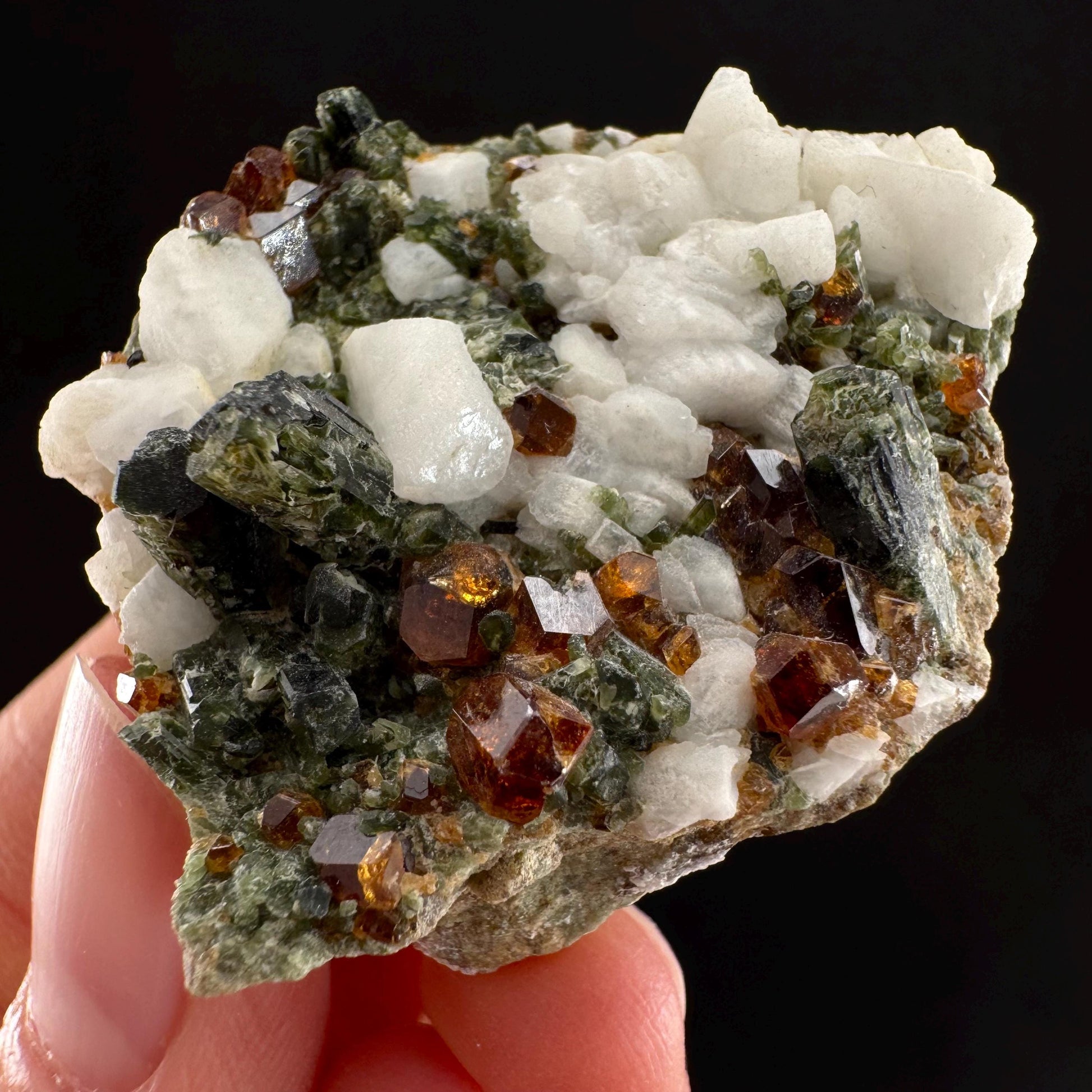 Spessartine Garnet w/ Epidote & Albite (Pakistan) | orange garnet crystal, mineral specimen