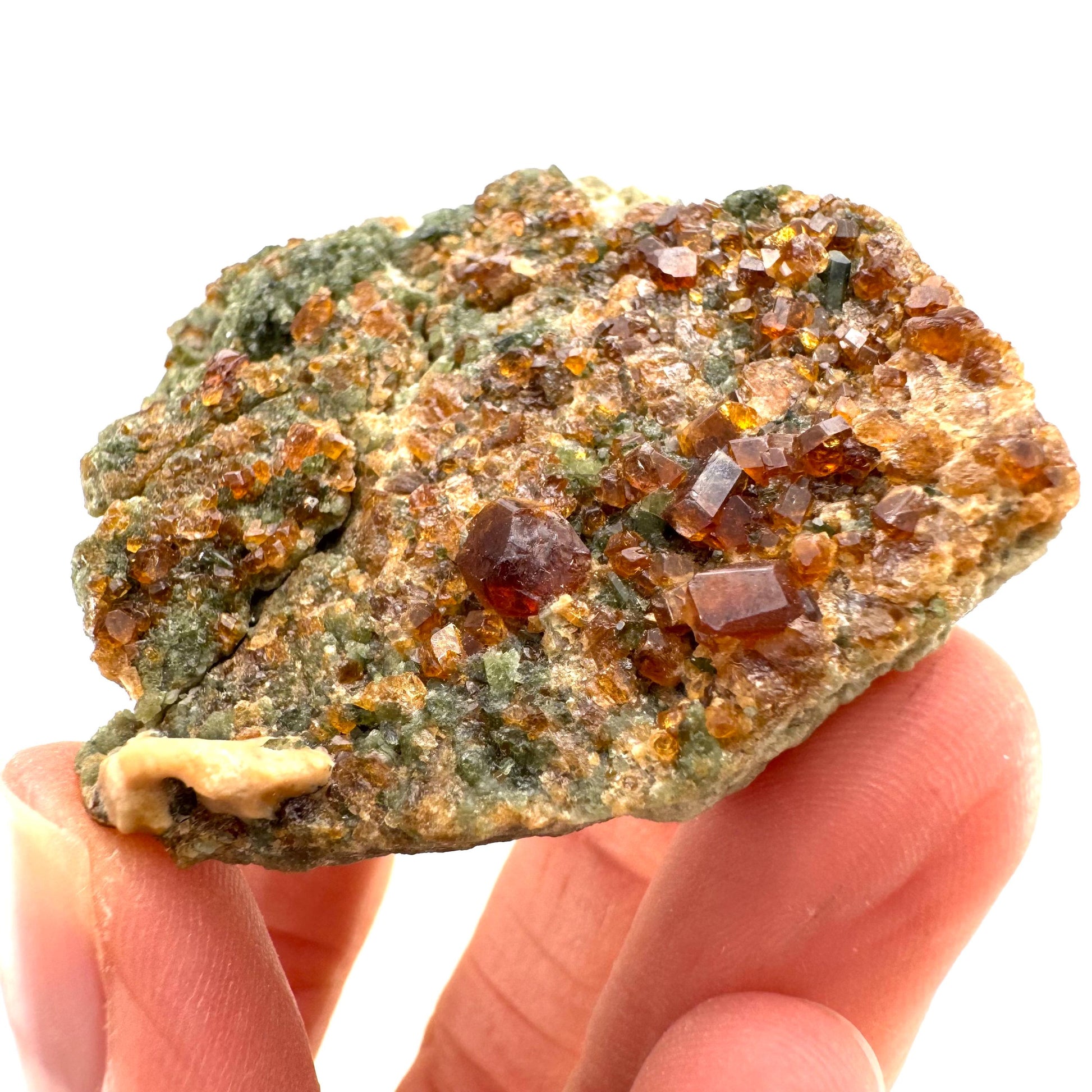 Spessartine Garnet w/ Epidote (Pakistan) | orange garnet crystal, mineral specimen