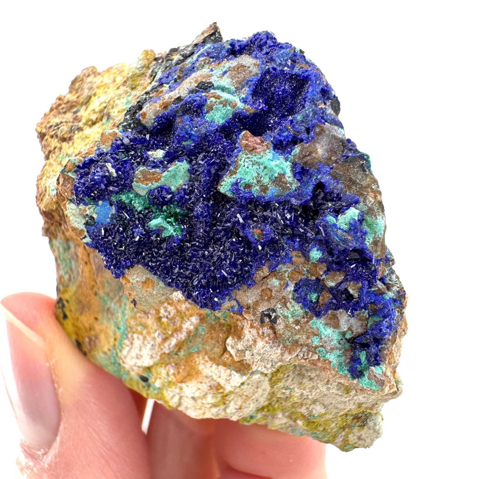 Azurite with Malachite | natural blue crystal cluster, raw mineral specimen from Morocco
