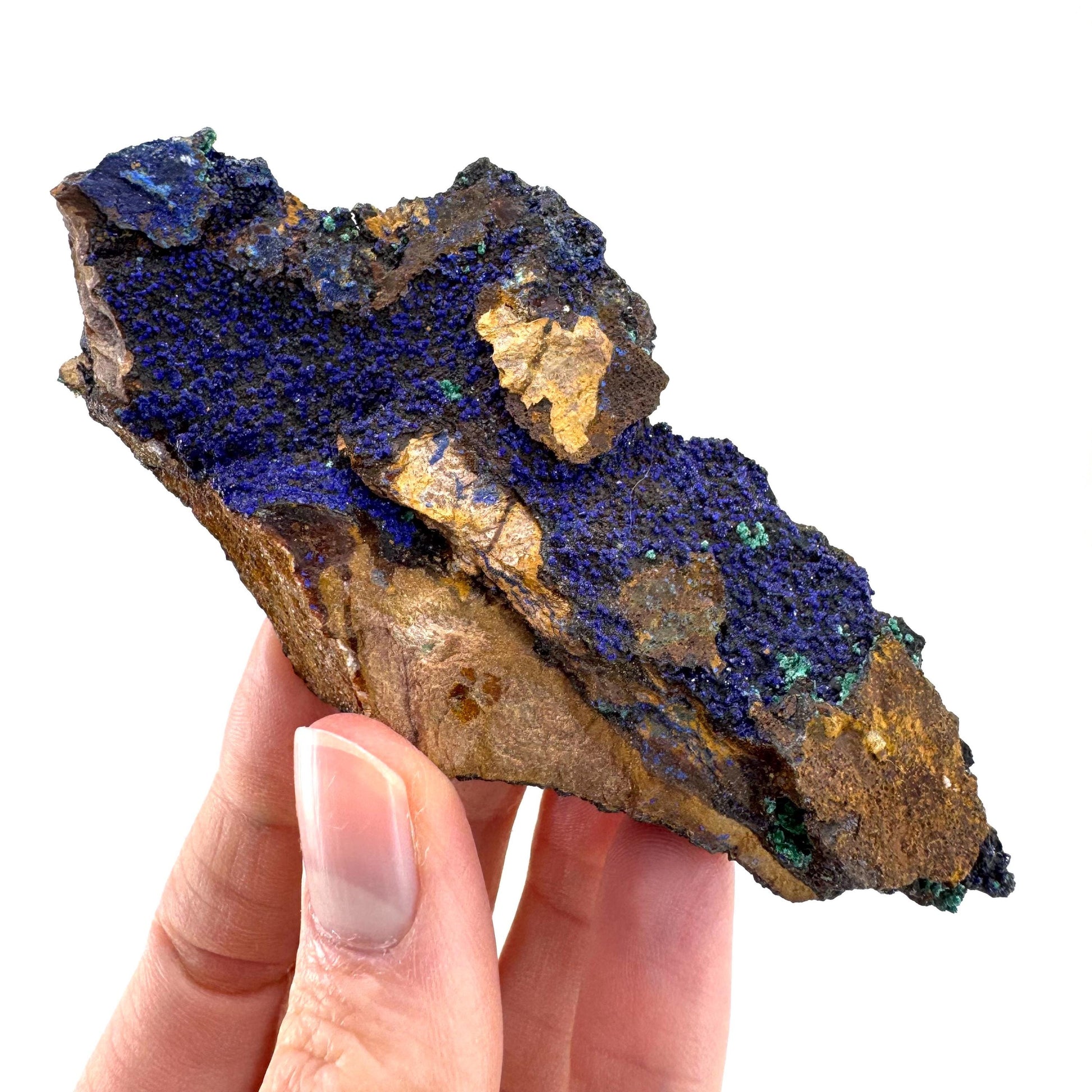 Azurite with Malachite | natural blue crystal cluster, raw mineral specimen from Morocco