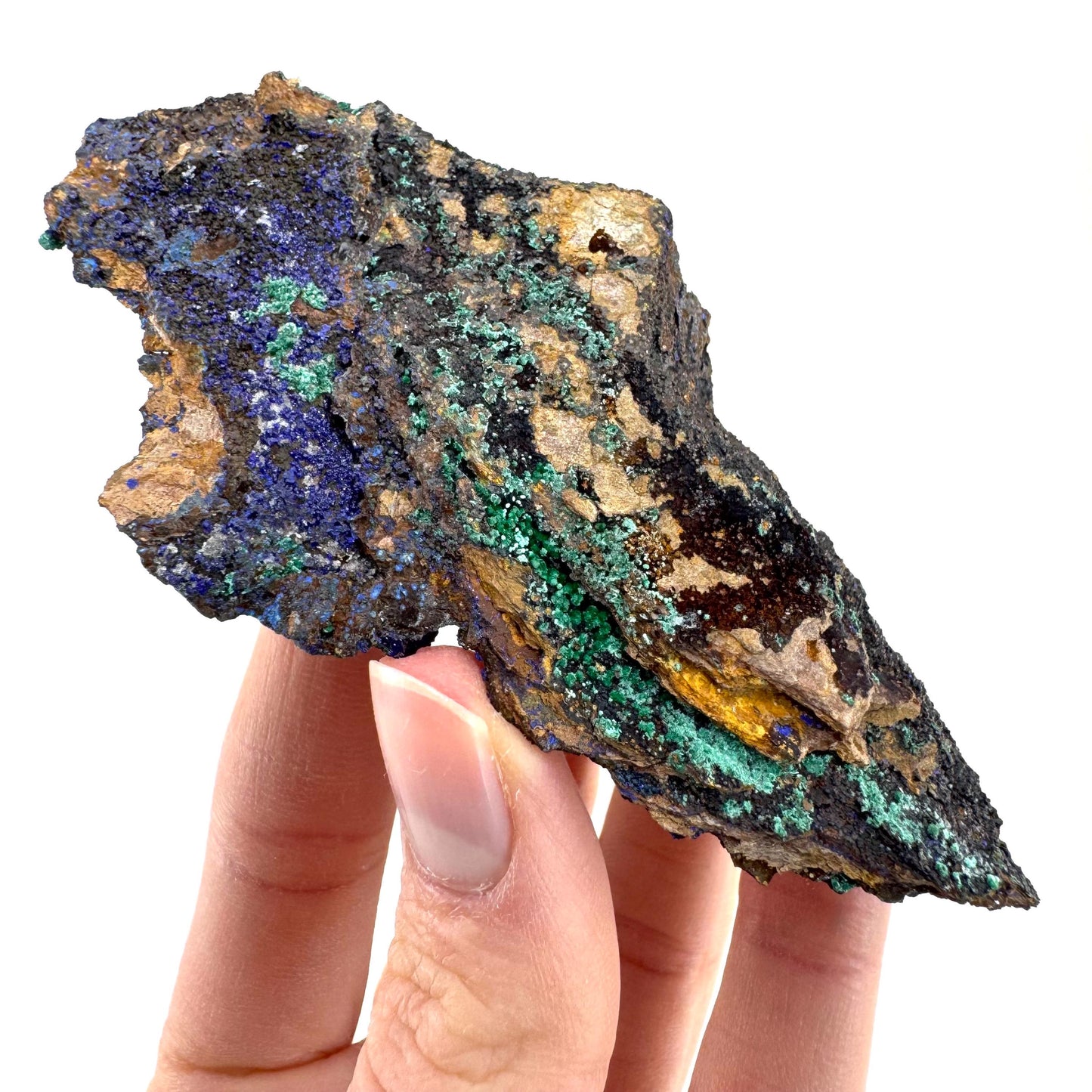 Azurite with Malachite | natural blue crystal cluster, raw mineral specimen from Morocco