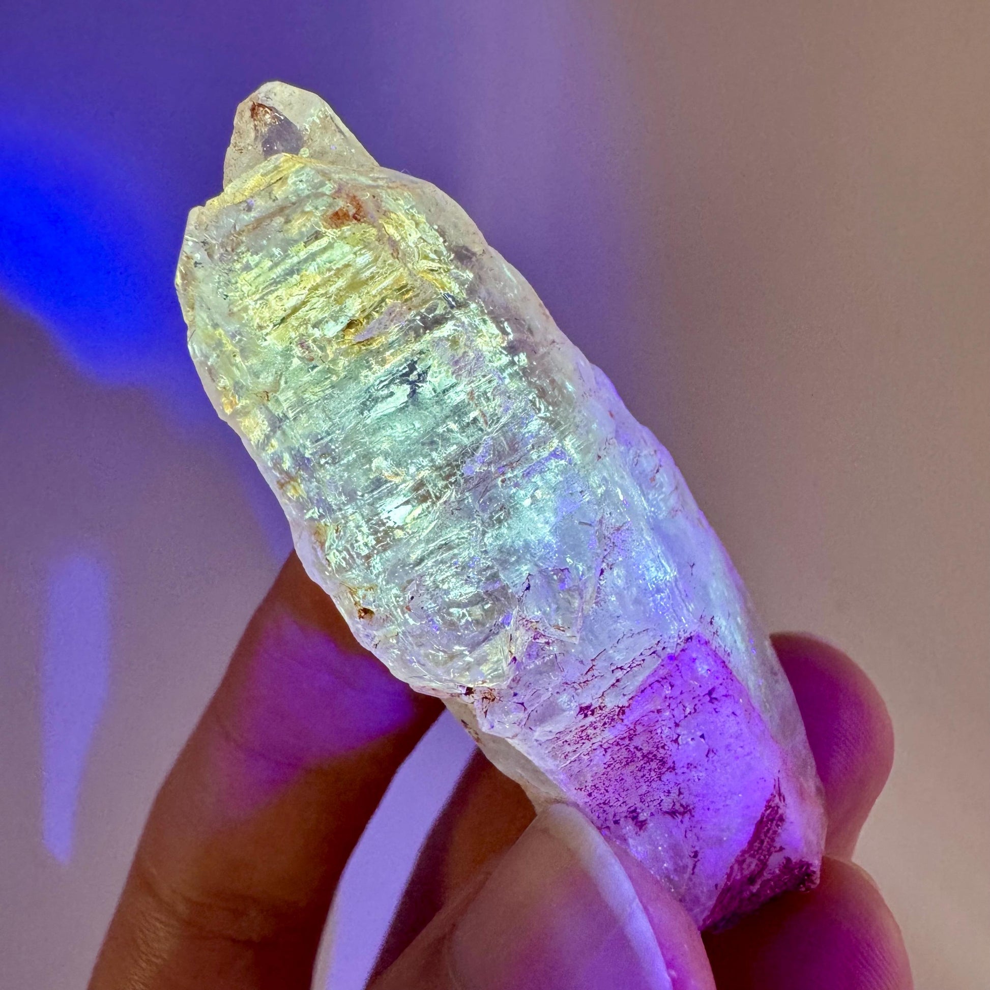 Firefly Petroleum Quartz | UV reactive crystal, fluorescent mineral from Madagascar