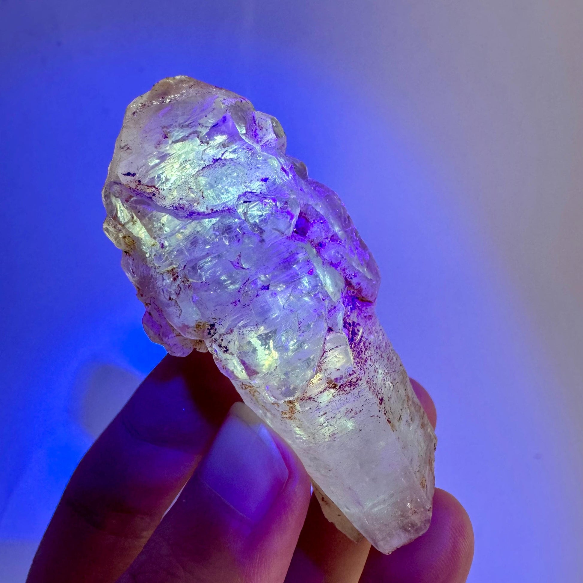 Firefly Petroleum Quartz Sceptre | UV reactive crystal, fluorescent mineral from Madagascar