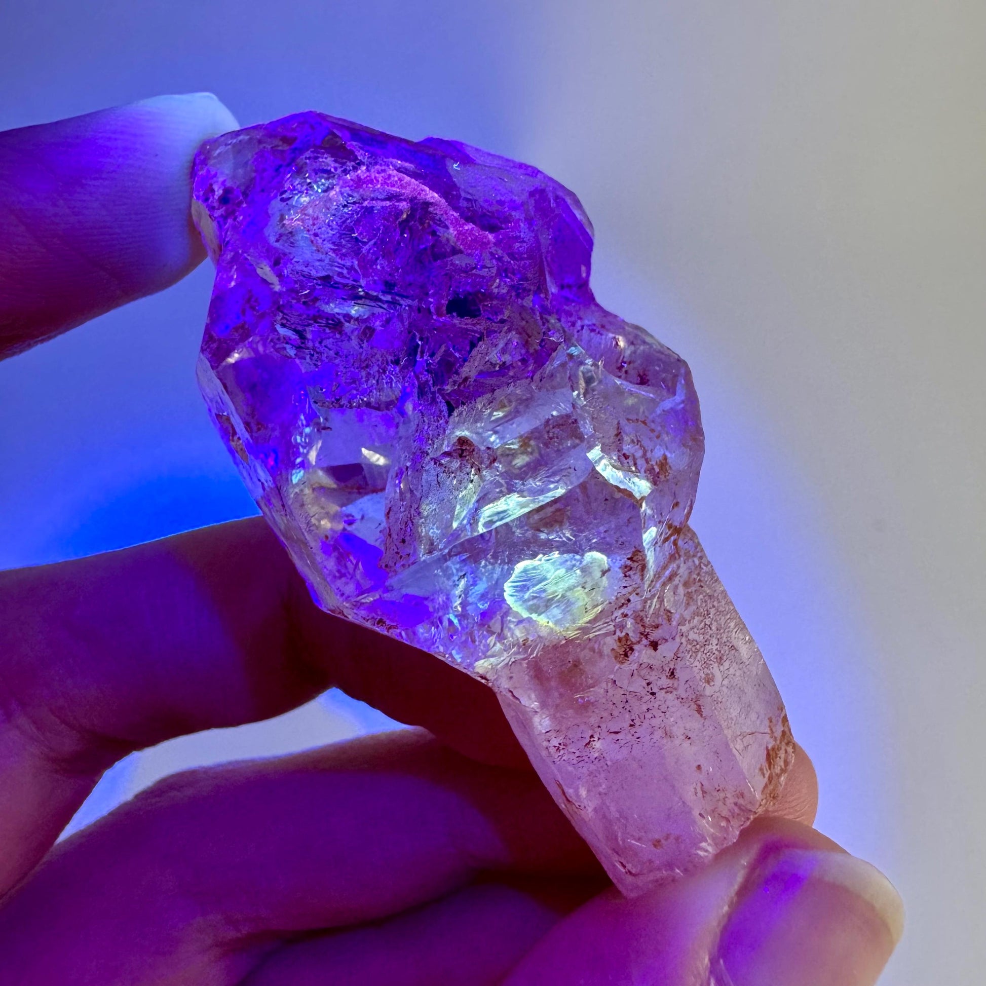 Firefly Petroleum Quartz Sceptre | UV reactive crystal, fluorescent mineral from Madagascar