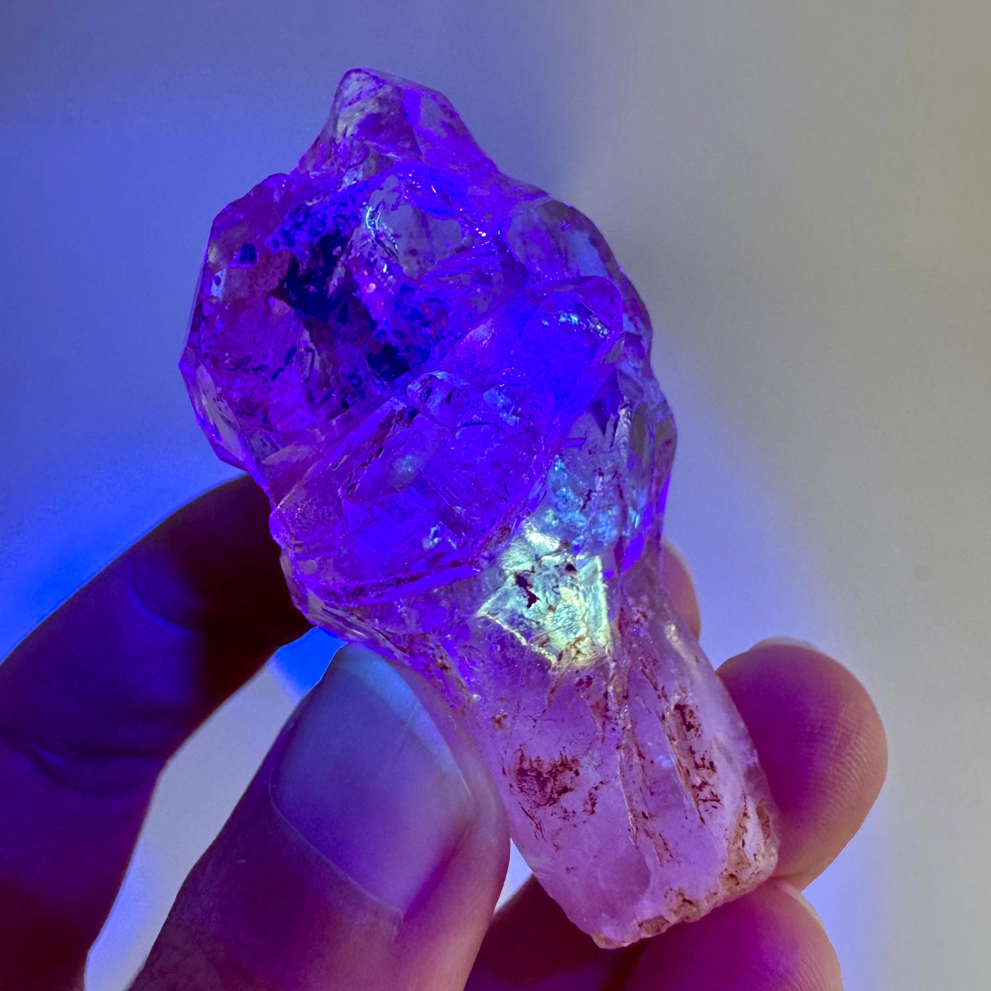 Firefly Petroleum Quartz Sceptre | UV reactive crystal, fluorescent mineral from Madagascar