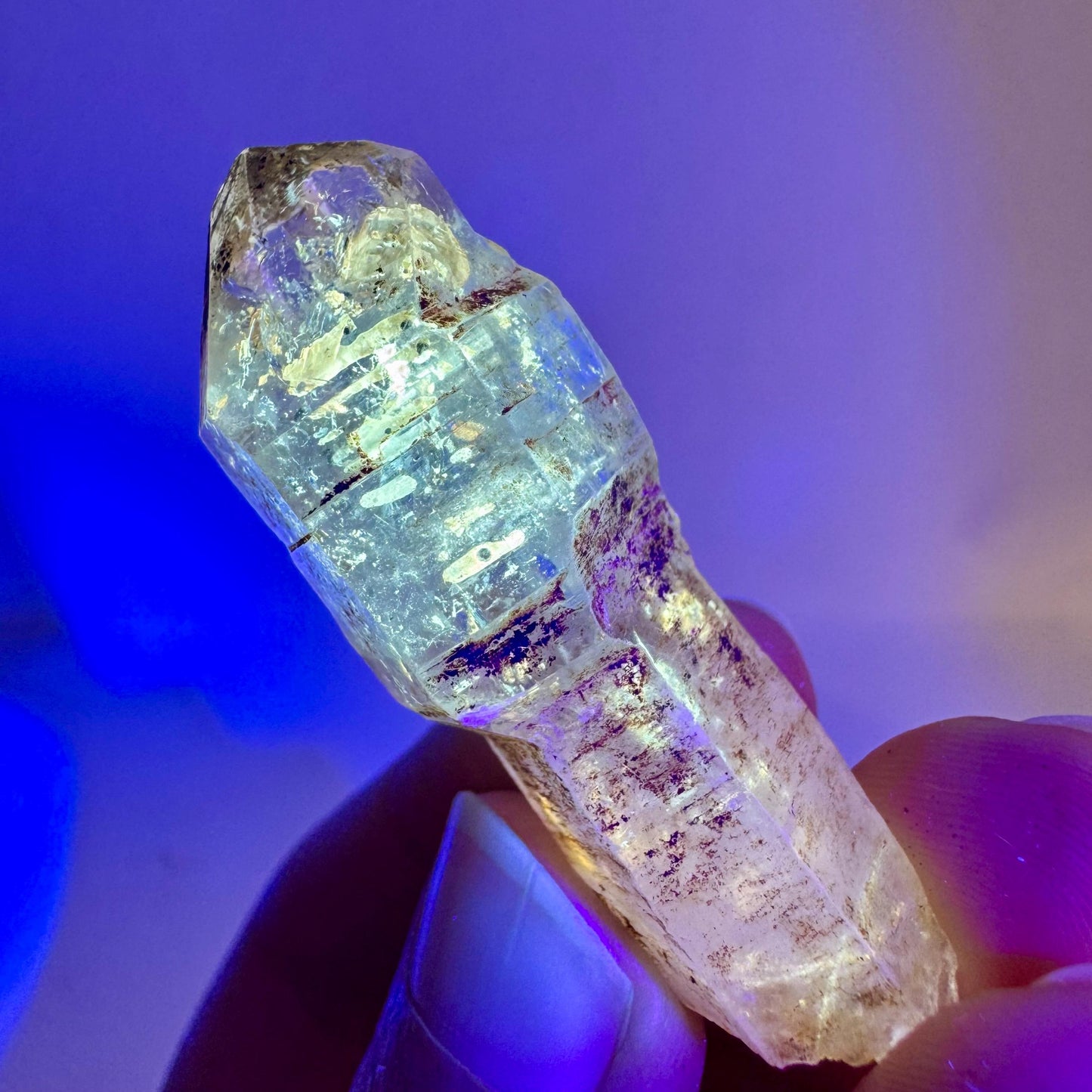 Firefly Petroleum Quartz Sceptre | UV reactive crystal, fluorescent mineral from Madagascar