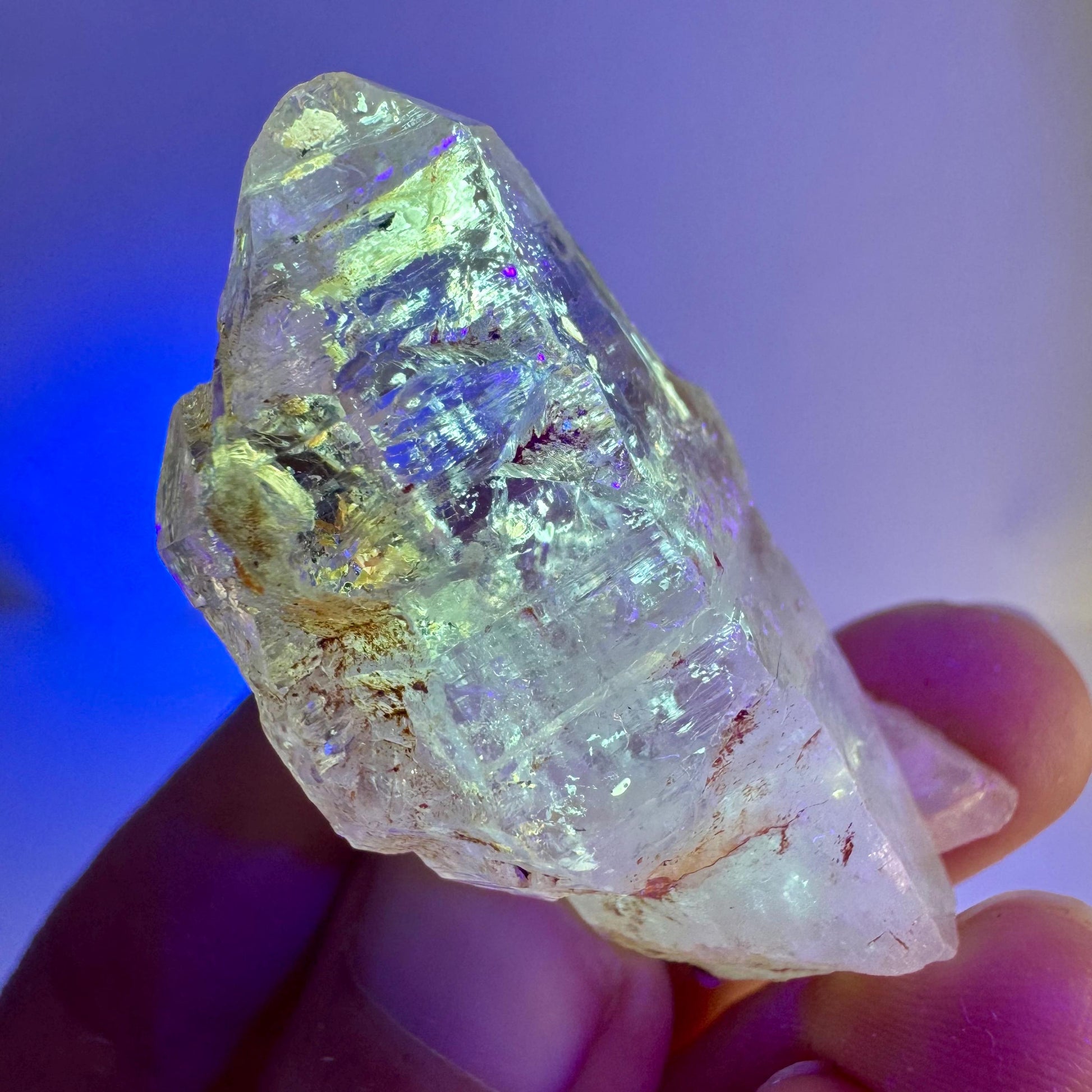 Firefly Petroleum Quartz Sceptre | UV reactive crystal, fluorescent mineral from Madagascar