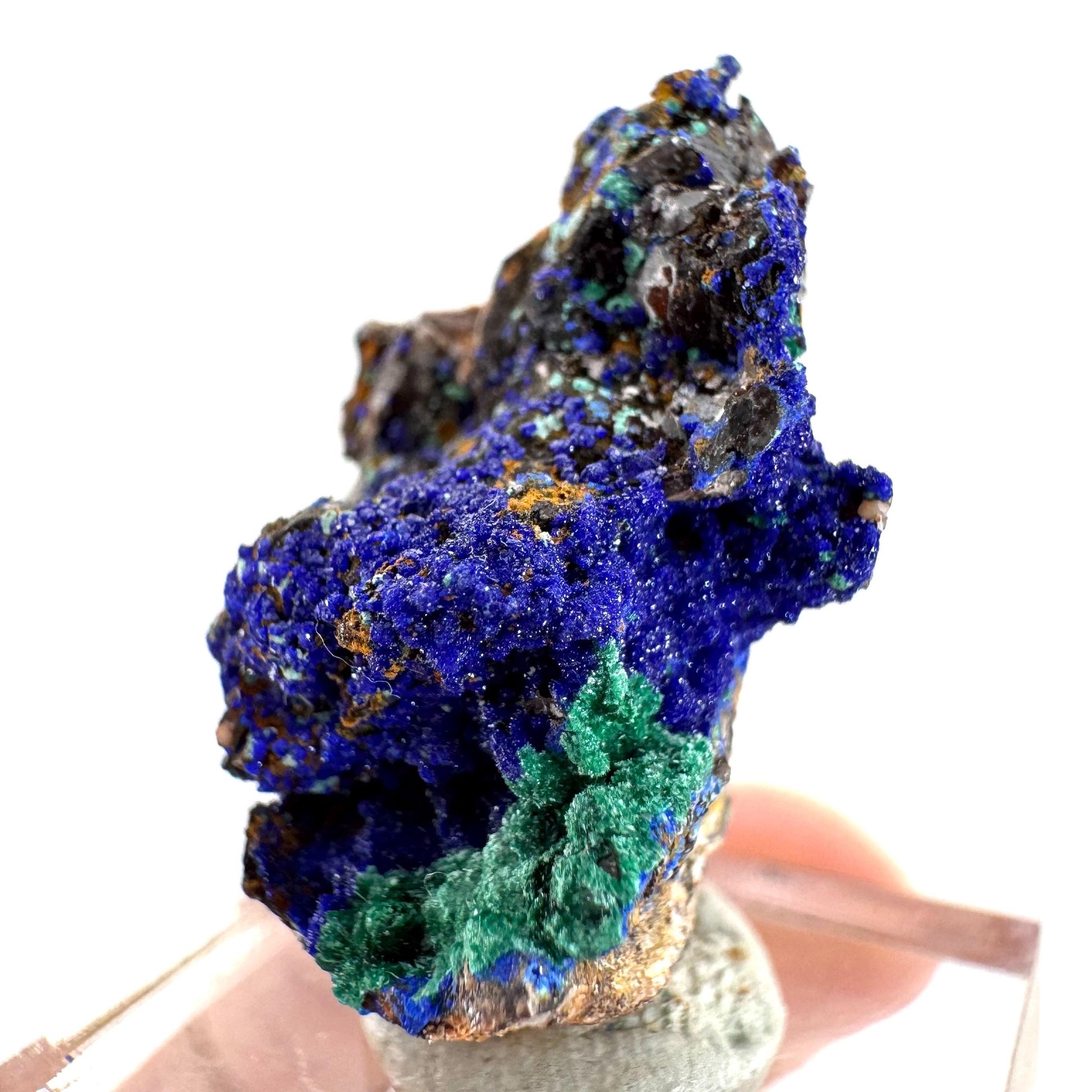 Azurite with Malachite | natural blue crystal cluster, raw mineral specimen from Morocco