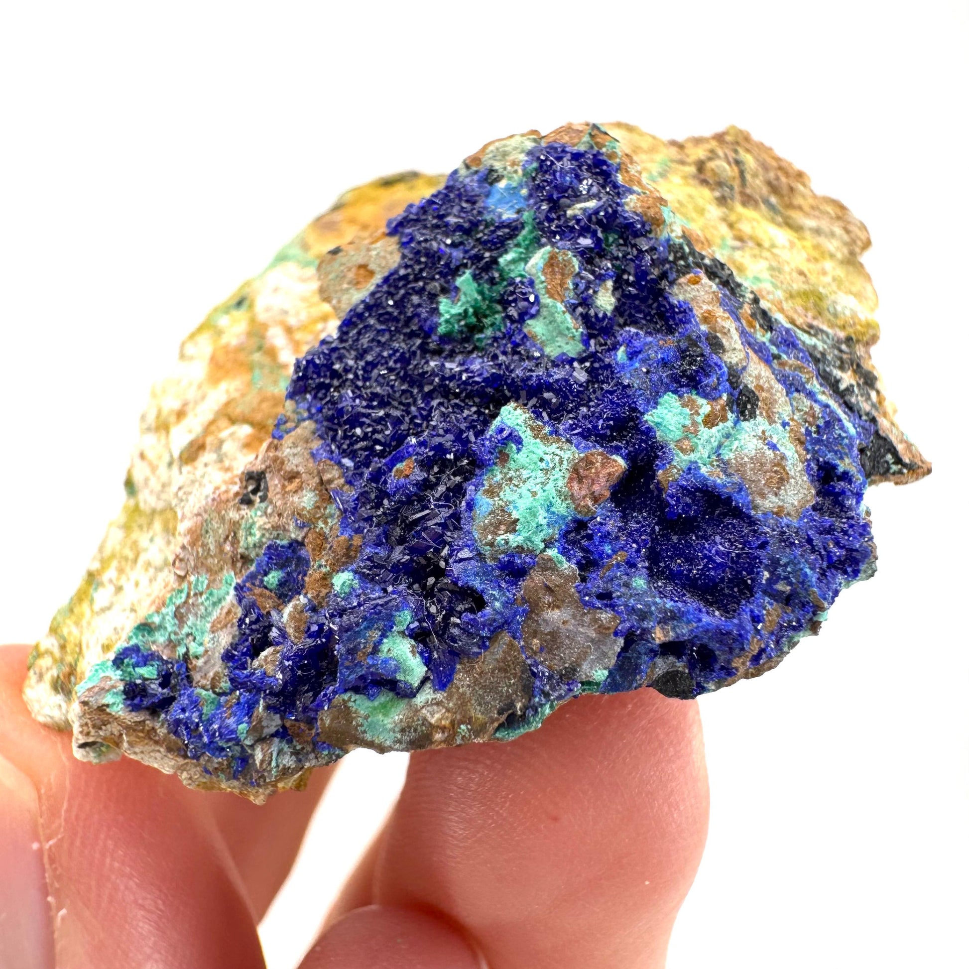 Azurite with Malachite | natural blue crystal cluster, raw mineral specimen from Morocco