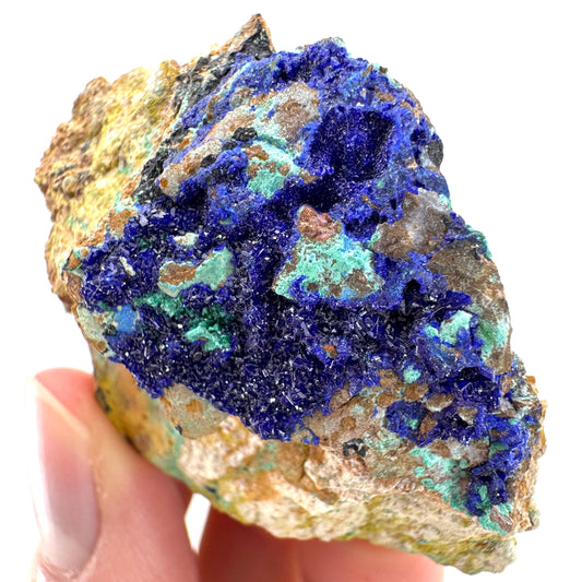 Azurite with Malachite | natural blue crystal cluster, raw mineral specimen from Morocco