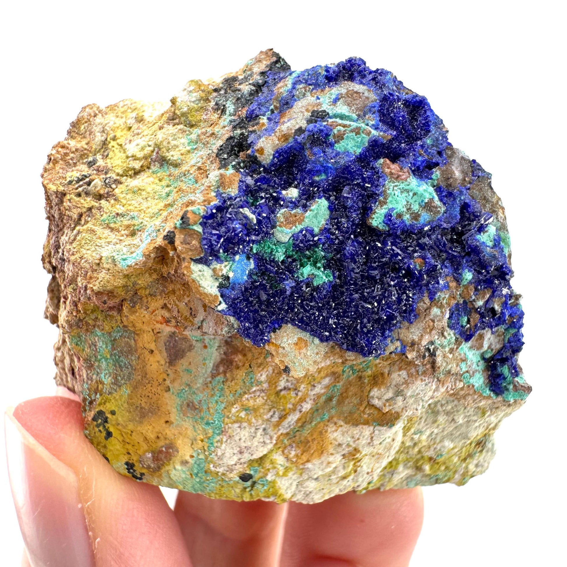 Azurite with Malachite | natural blue crystal cluster, raw mineral specimen from Morocco
