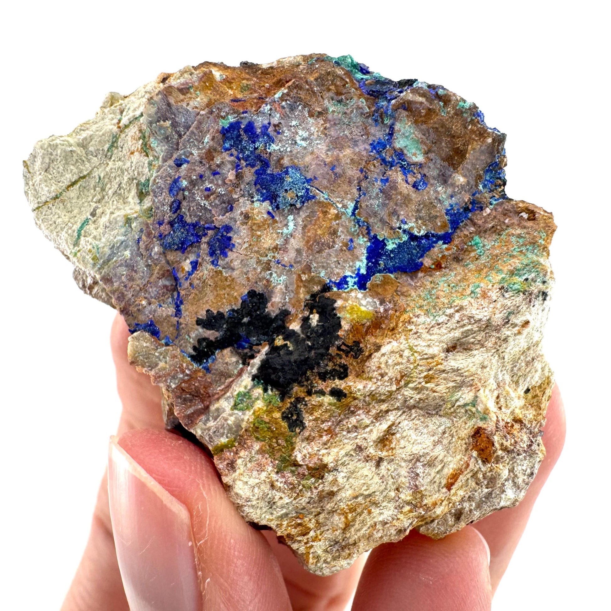 Azurite with Malachite | natural blue crystal cluster, raw mineral specimen from Morocco