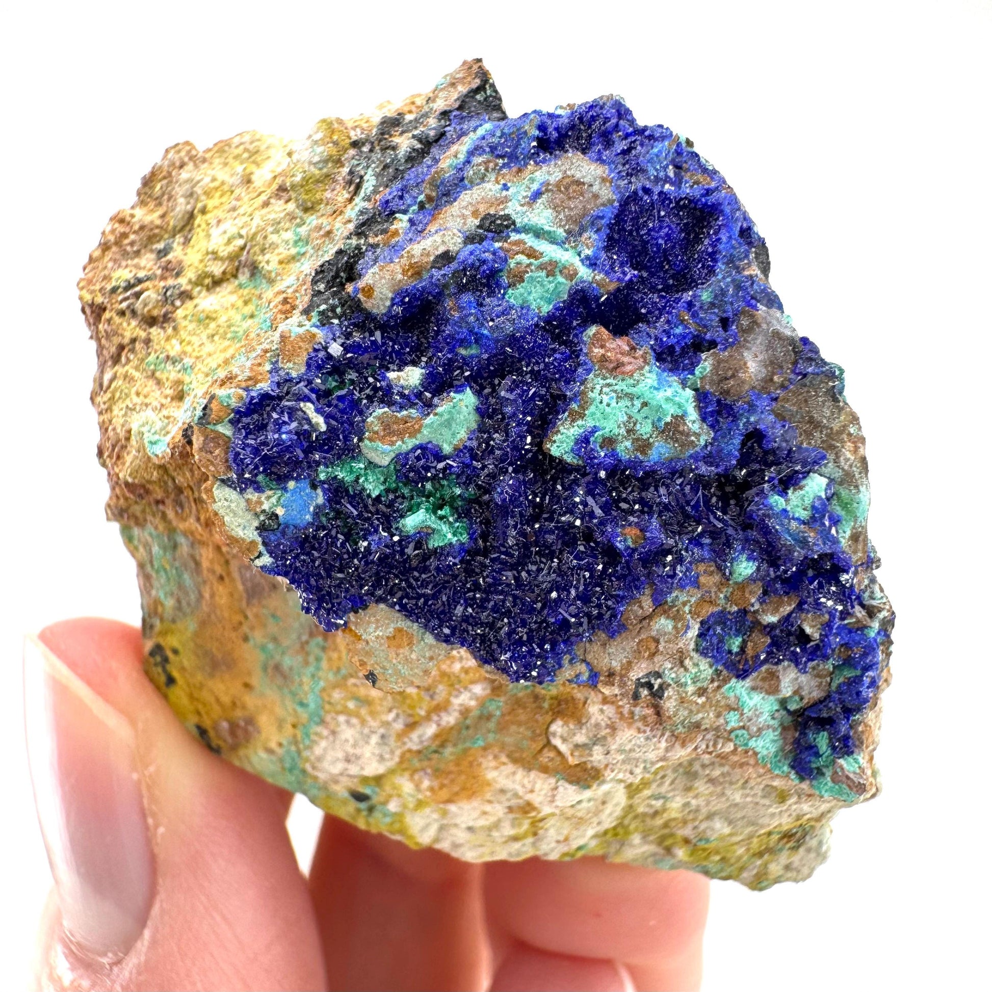Azurite with Malachite | natural blue crystal cluster, raw mineral specimen from Morocco