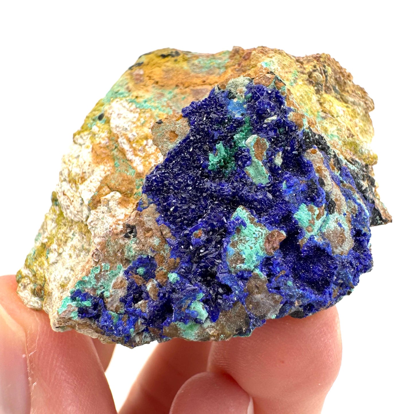 Azurite with Malachite | natural blue crystal cluster, raw mineral specimen from Morocco