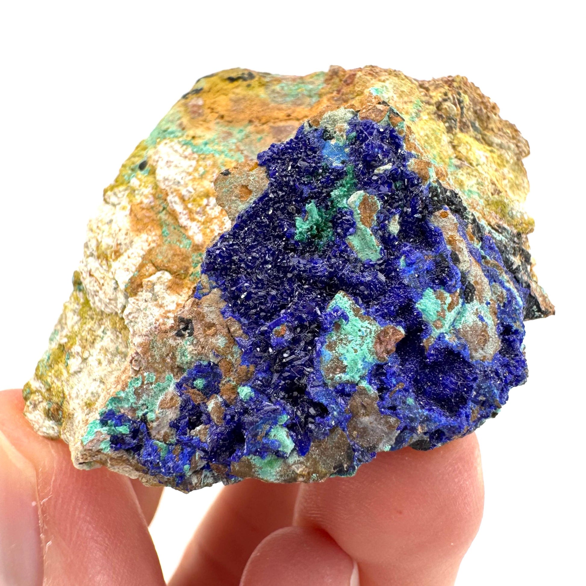 Azurite with Malachite | natural blue crystal cluster, raw mineral specimen from Morocco