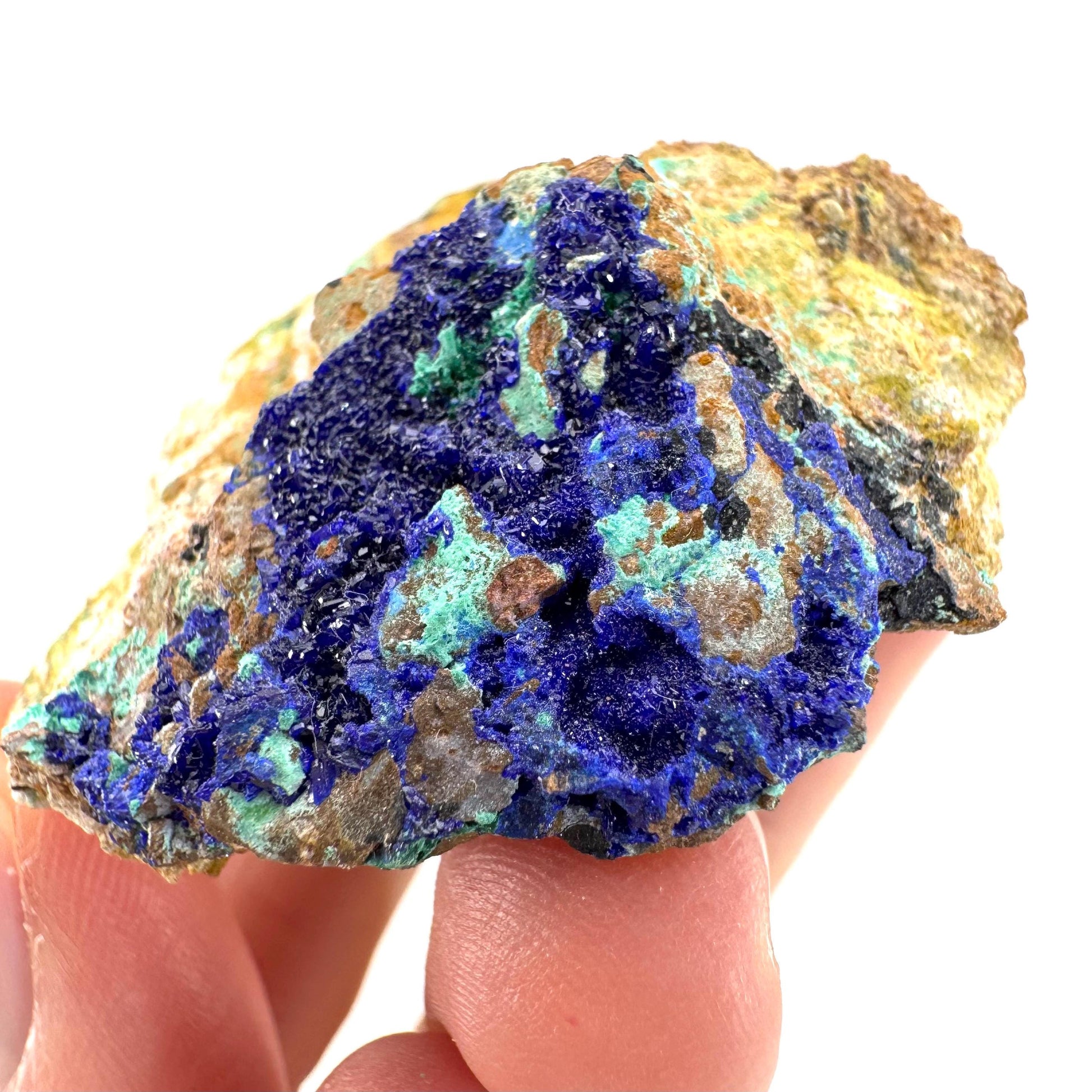 Azurite with Malachite | natural blue crystal cluster, raw mineral specimen from Morocco