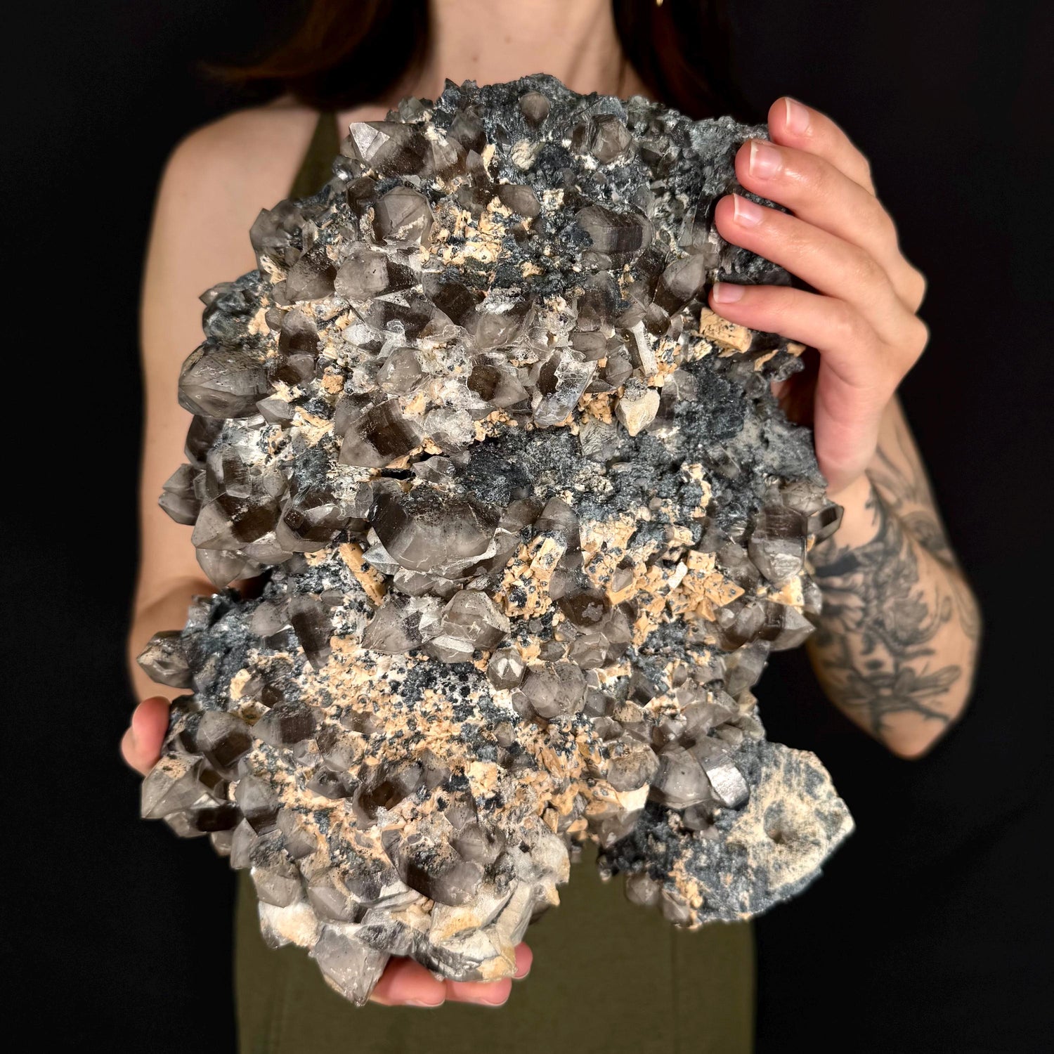 MASSIVE Smoky Quartz with Hyalite Opal, Feldspar, & Foitite | Crystal Cluster from Namibia