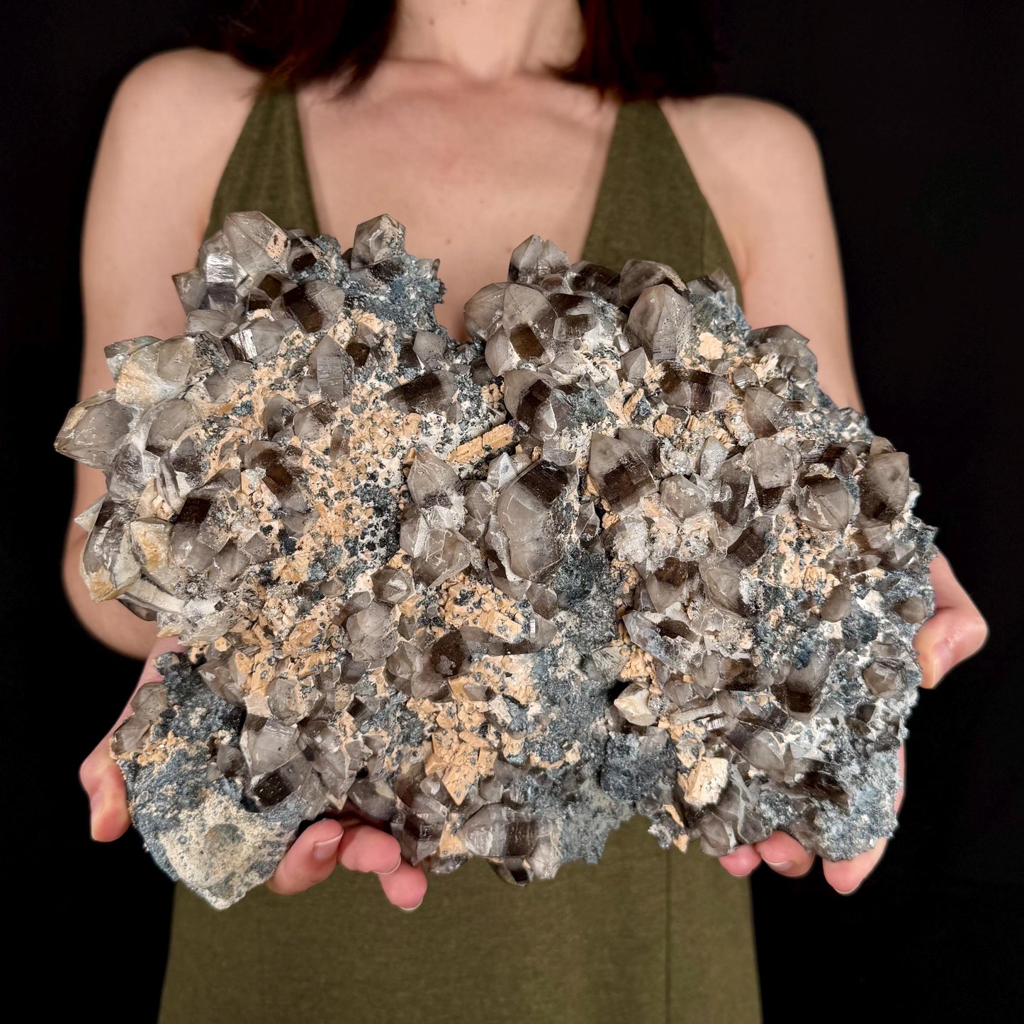 MASSIVE Smoky Quartz with Hyalite Opal, Feldspar, & Foitite | Crystal Cluster from Namibia
