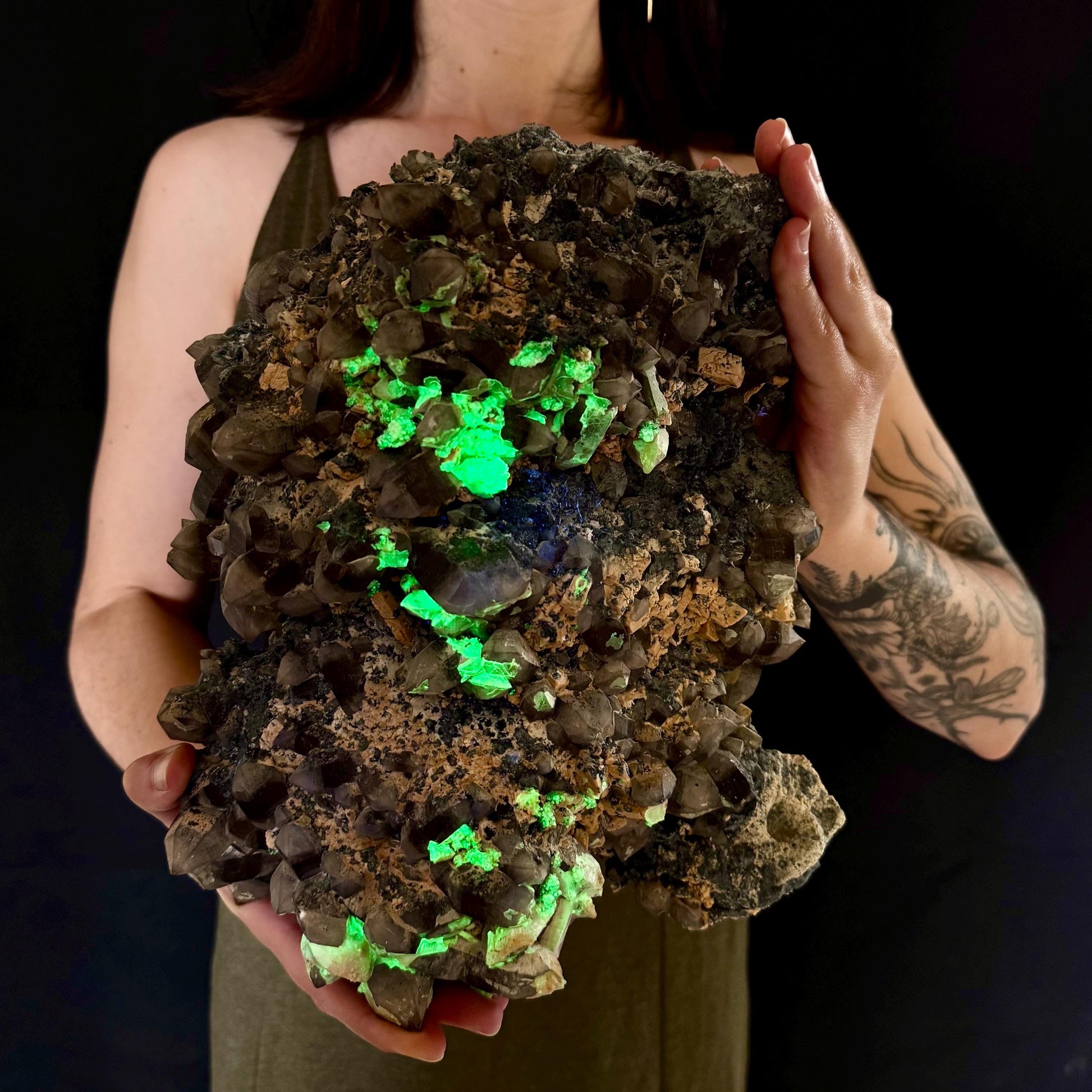 MASSIVE Smoky Quartz with Hyalite Opal, Feldspar, & Foitite | Crystal Cluster from Namibia