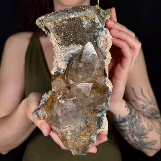 XL Smoky Quartz with Hyalite Opal, Feldspar, Fluorite, & Foitite | Crystal Cluster from Namibia