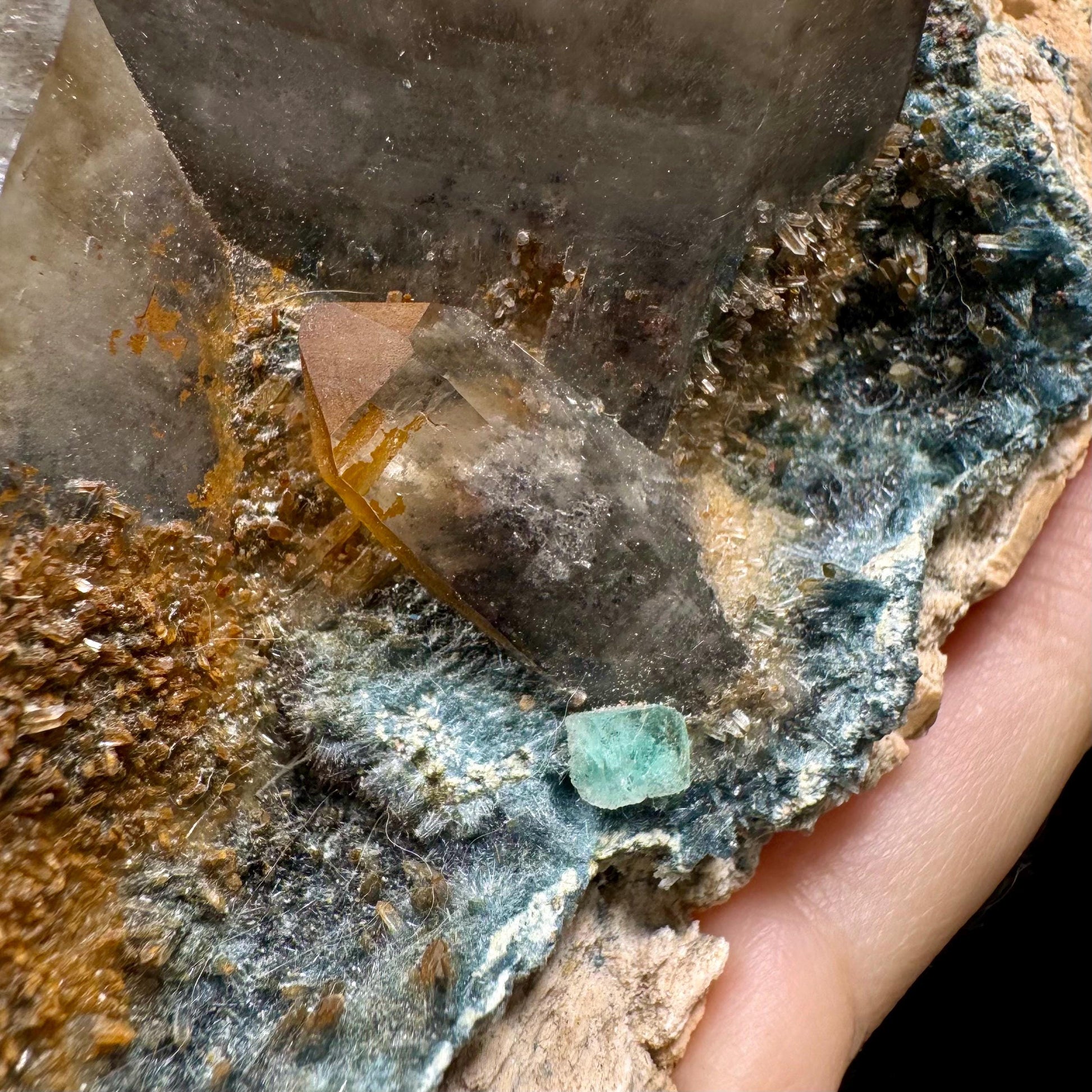 XL Smoky Quartz with Hyalite Opal, Feldspar, Fluorite, & Foitite | Crystal Cluster from Namibia